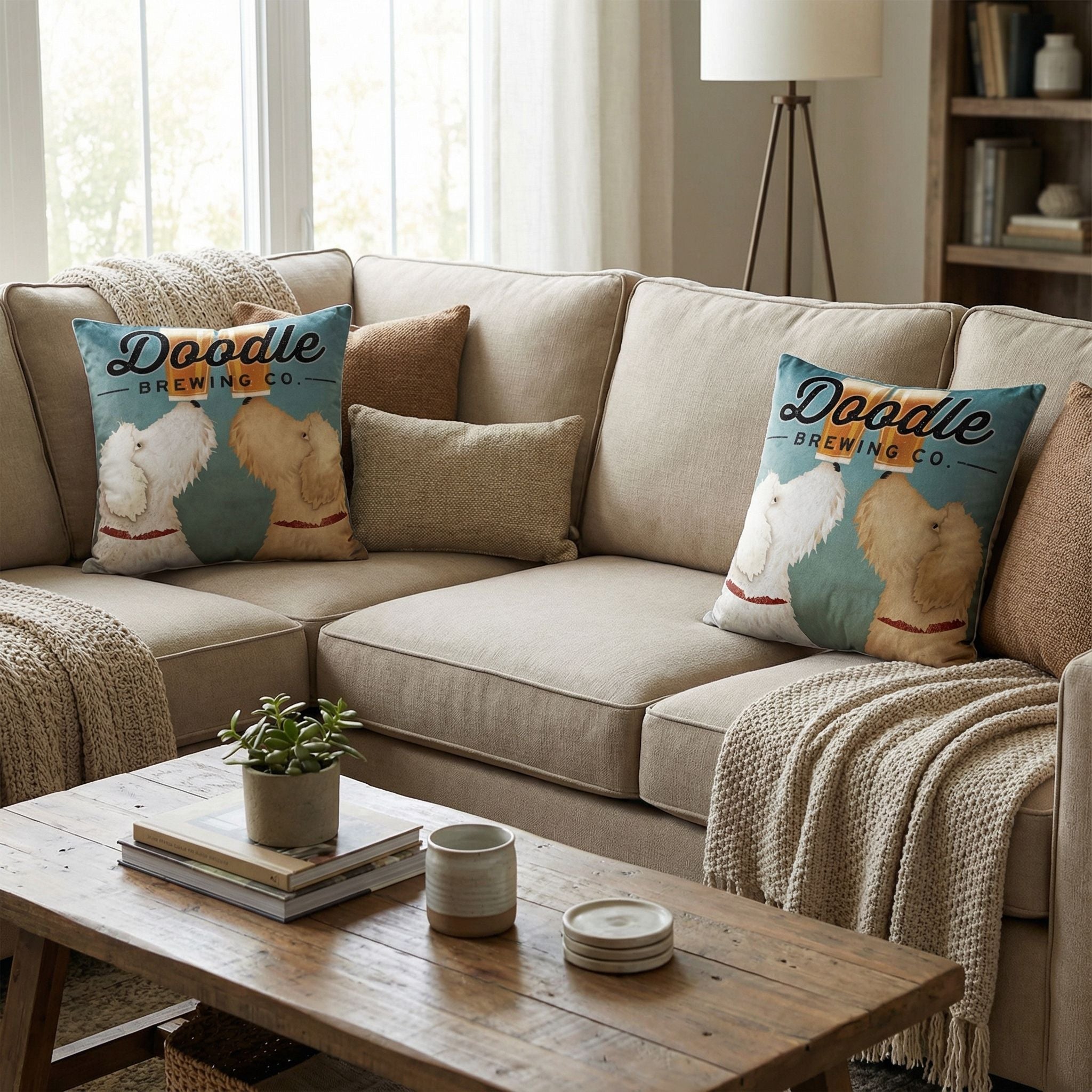 'Doodle Beer Double' by Ryan Fowler, Decorative Soft Velvet Square 18"x18" Accent Throw Pillow with Insert