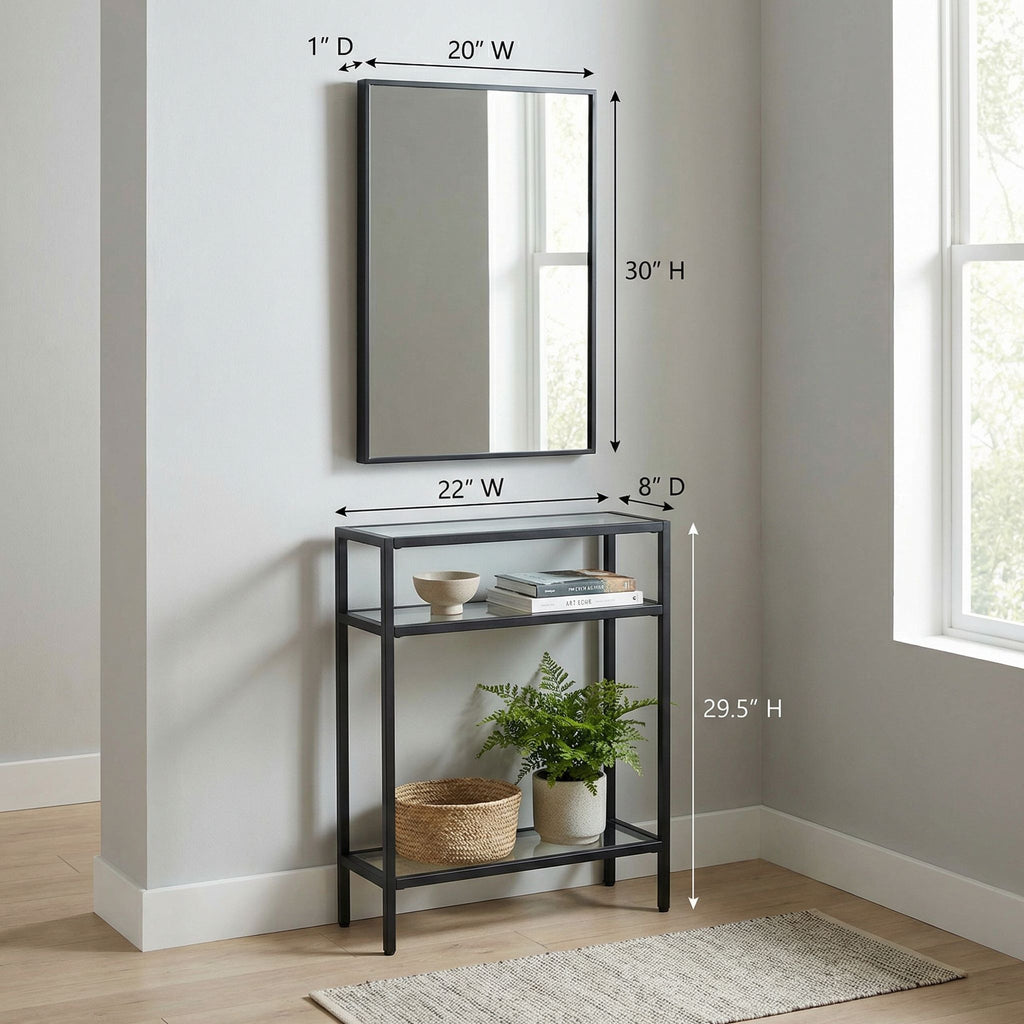 Cortesi Home Harris 2PC Console Table and Mirror Set, Matte Black Metal