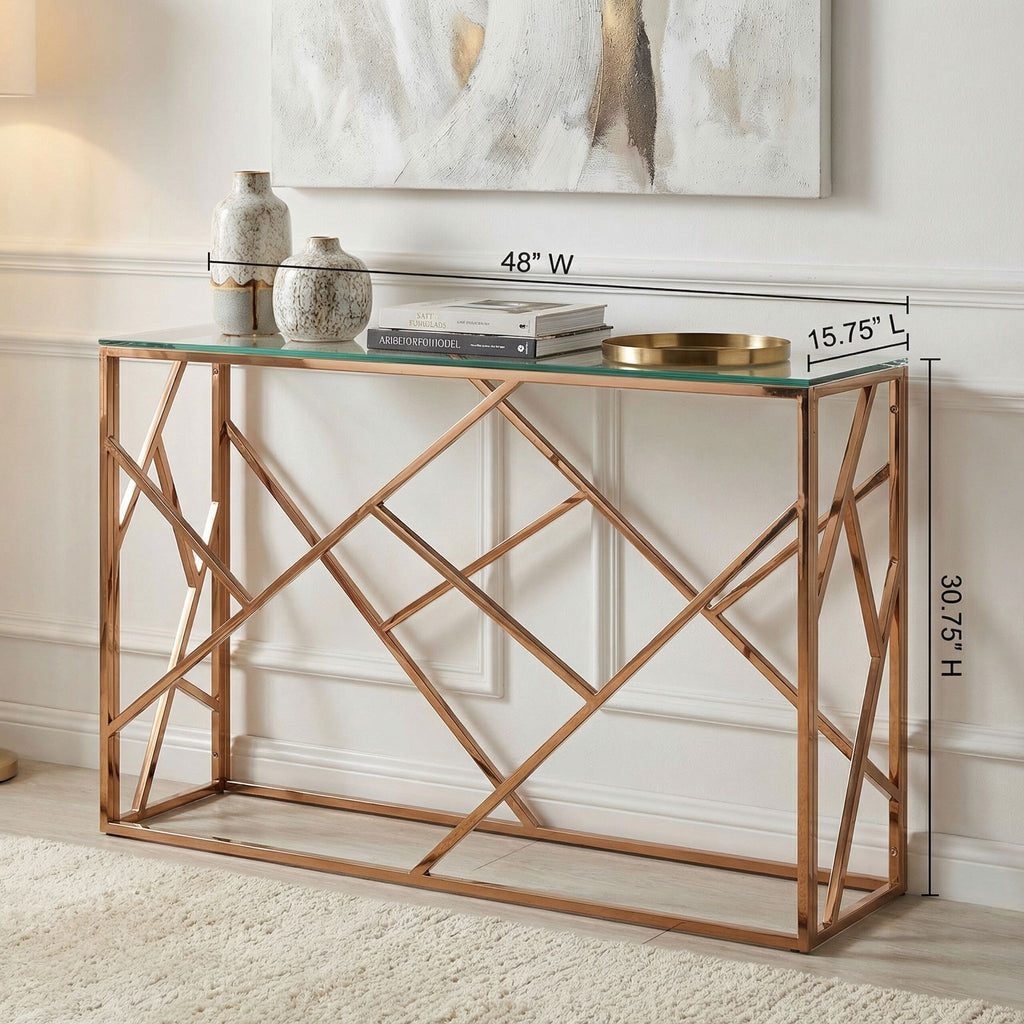 Tavy Rose Gold Contemporary Glass Console Table, 48x16x31