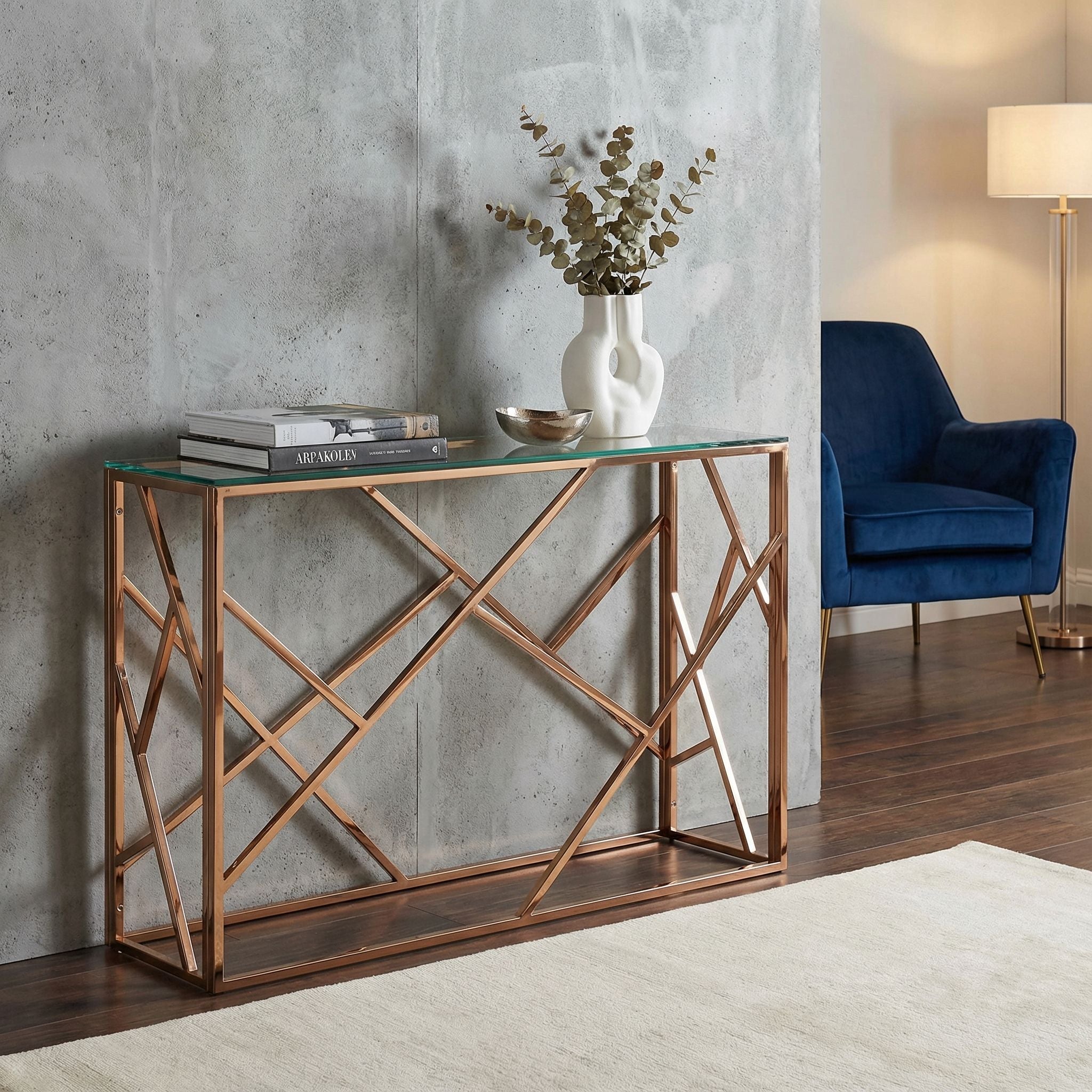 Tavy Rose Gold Contemporary Glass Console Table, 48x16x31