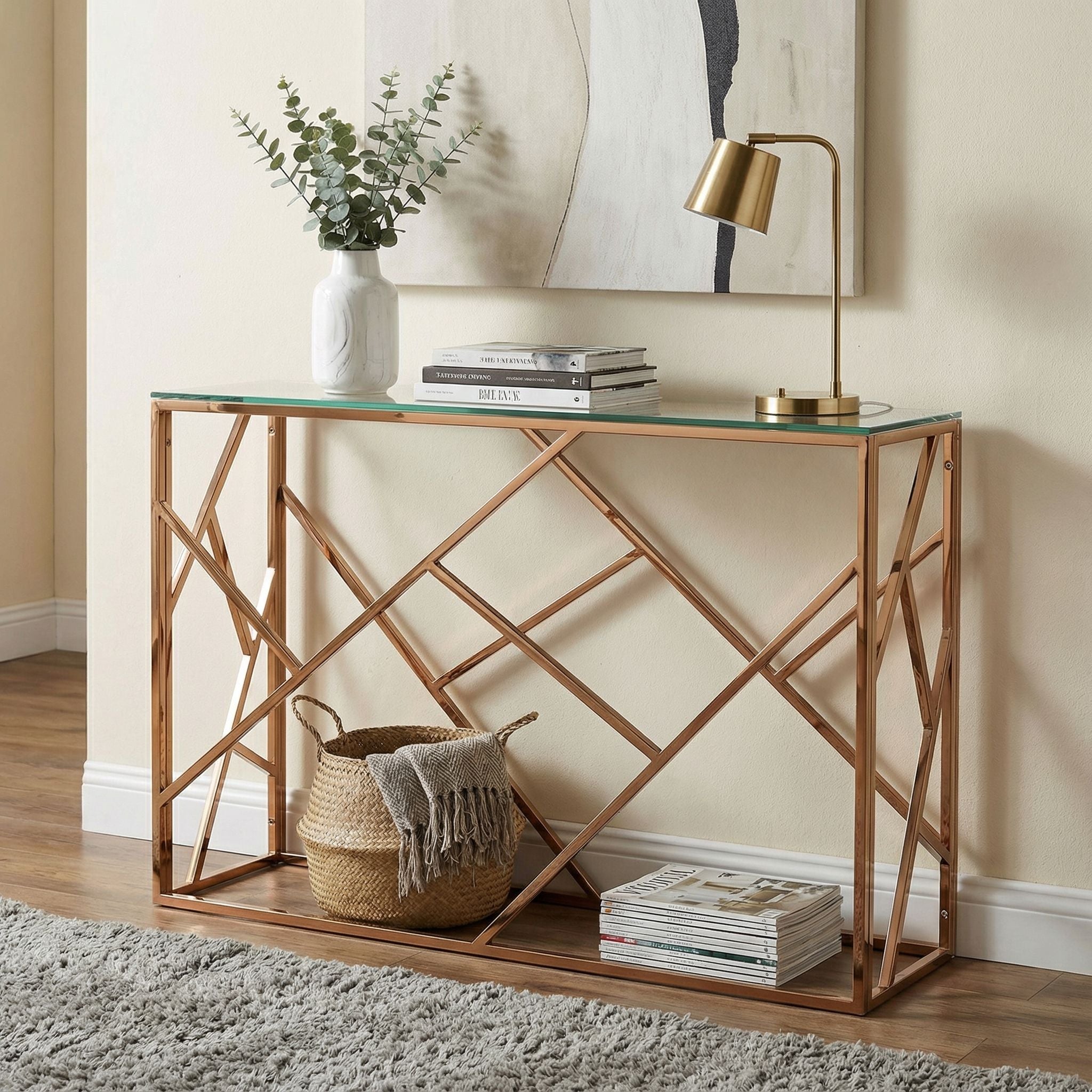 Tavy Rose Gold Contemporary Glass Console Table, 48x16x31