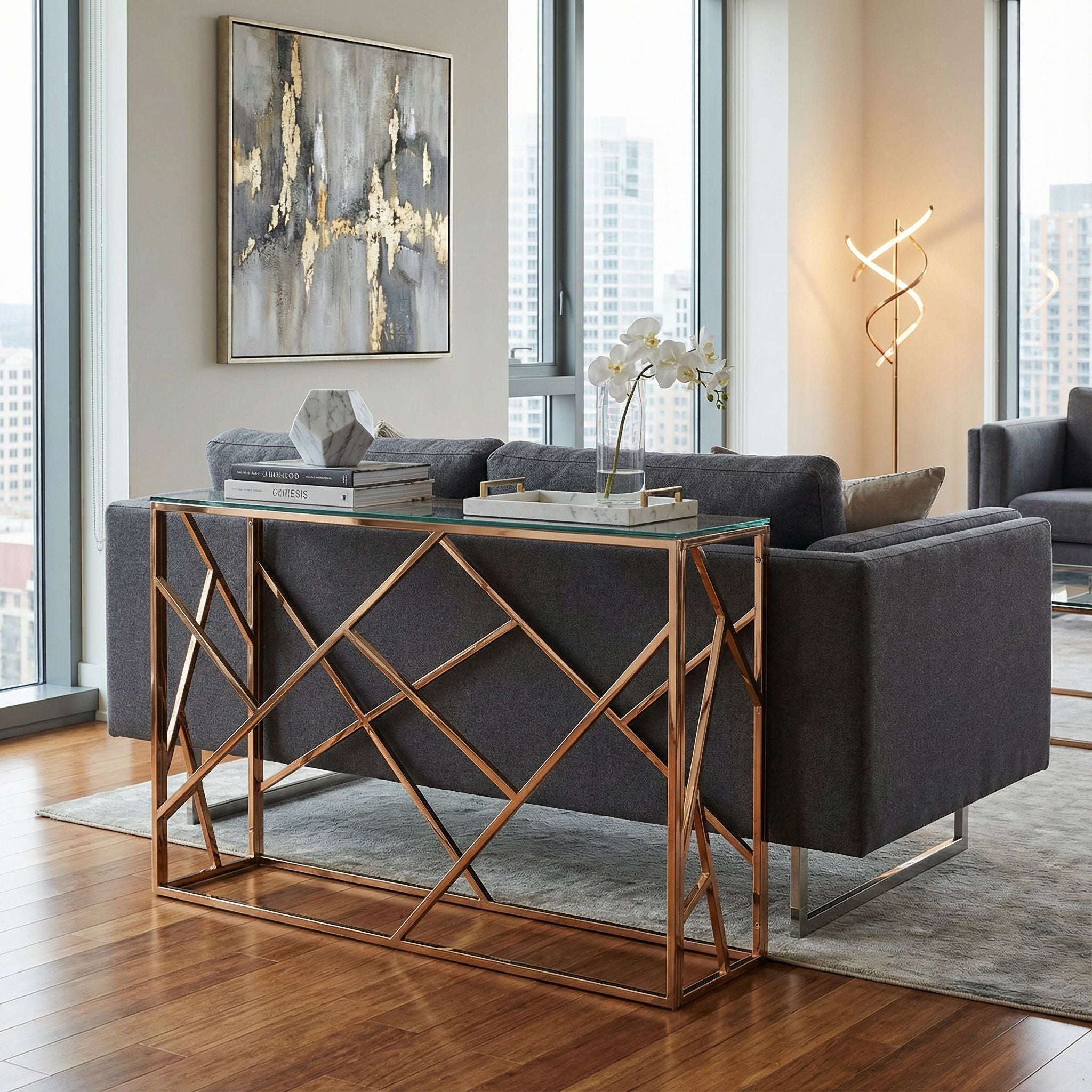 Tavy Rose Gold Contemporary Glass Console Table, 48x16x31