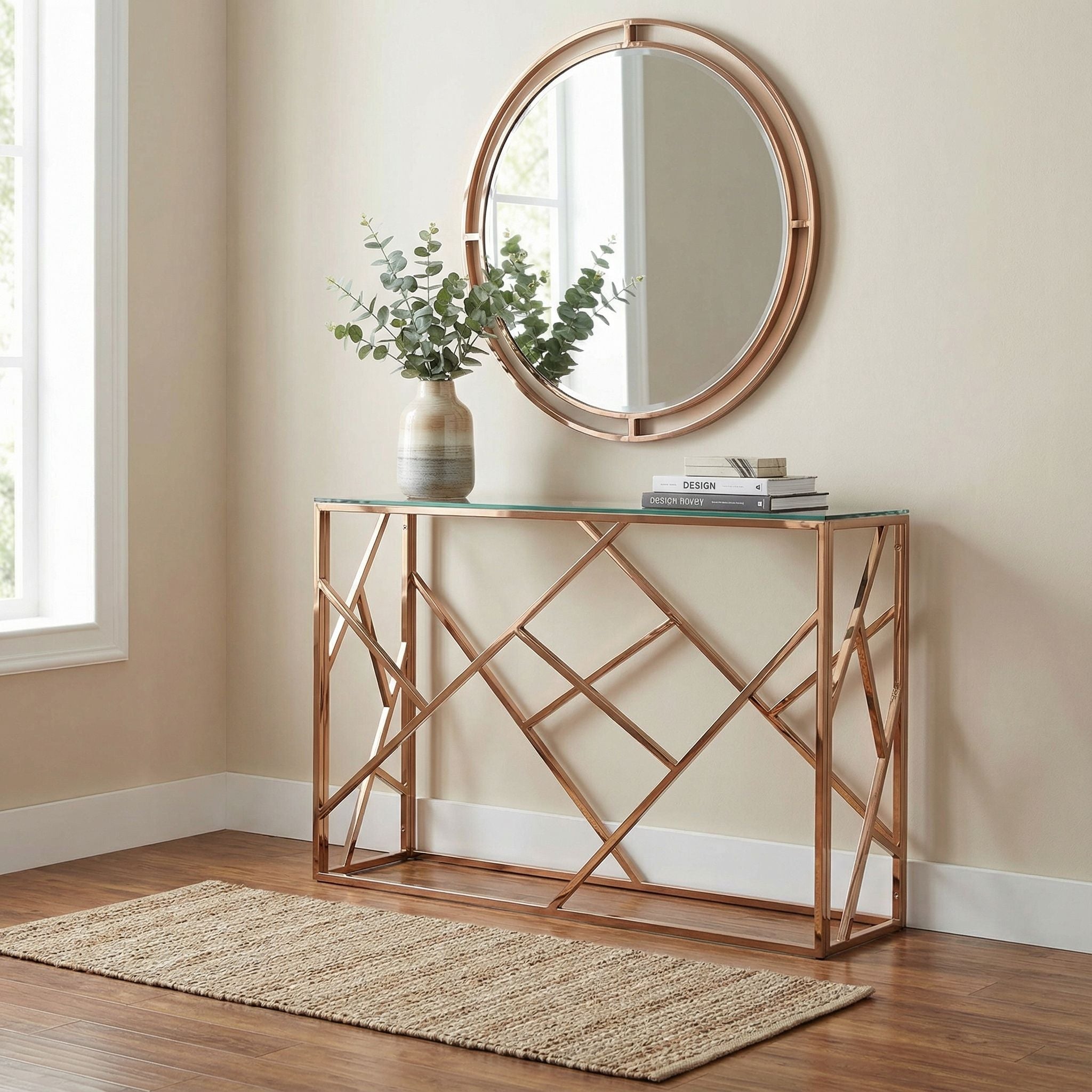 Tavy Rose Gold Contemporary Glass Console Table, 48x16x31