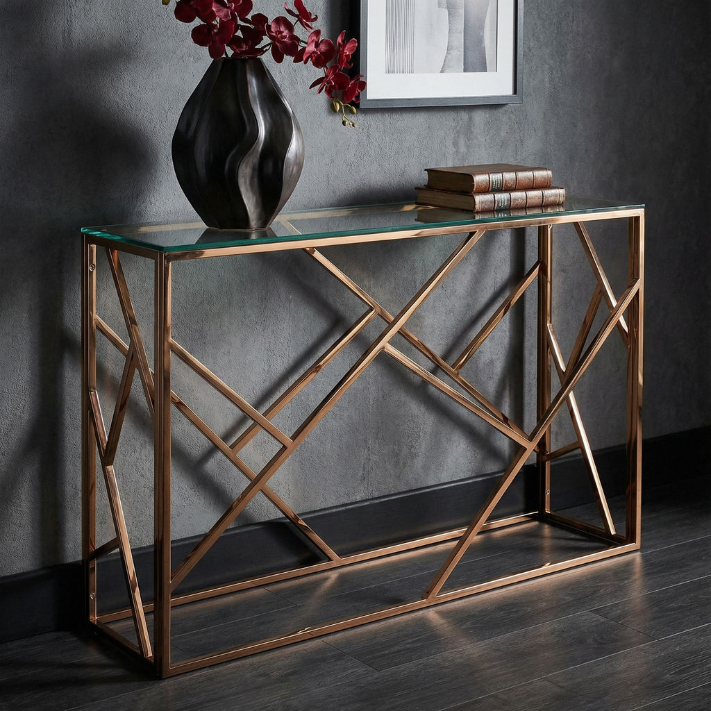 Tavy Rose Gold Contemporary Glass Console Table, 48x16x31
