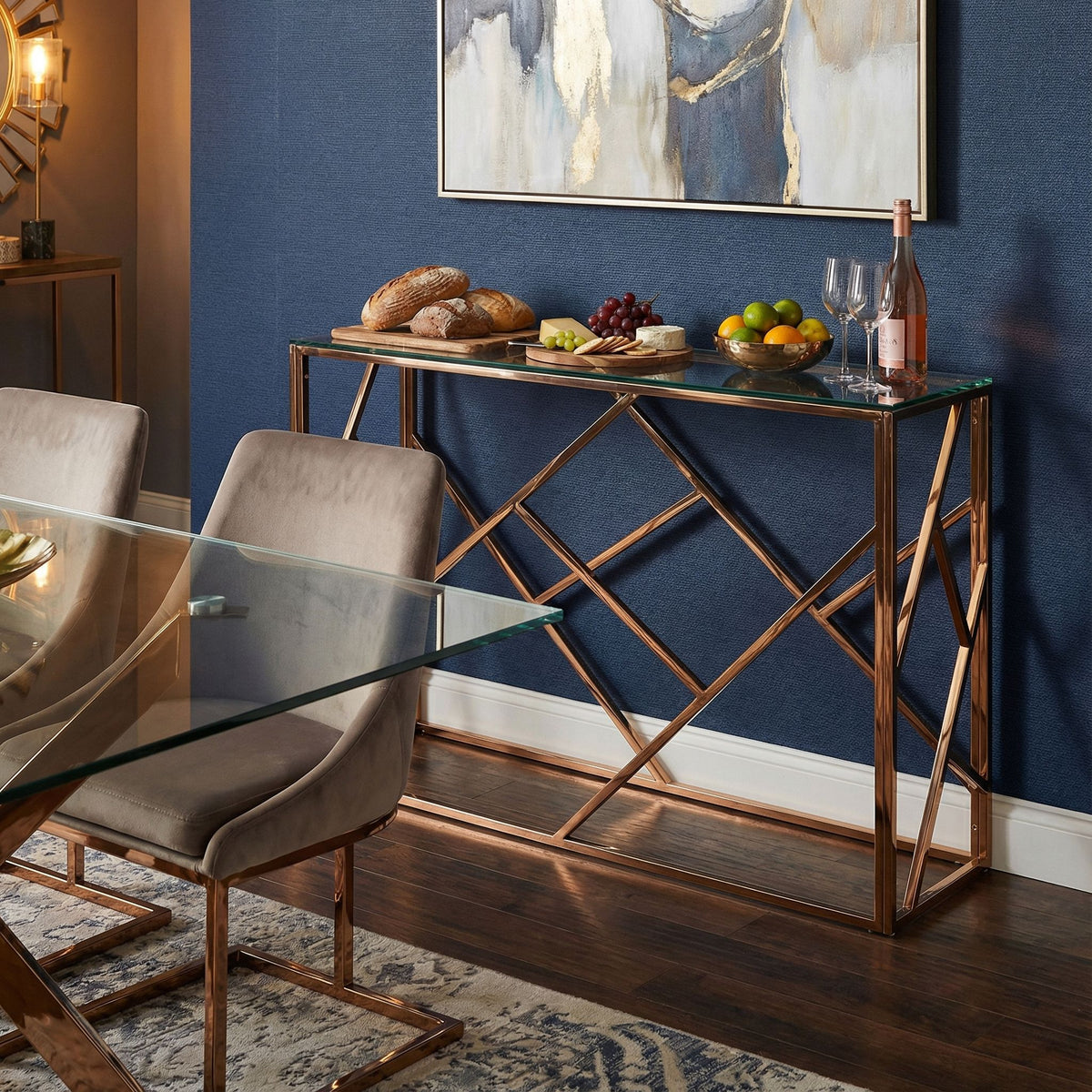 Tavy Rose Gold Contemporary Glass Console Table, 48x16x31