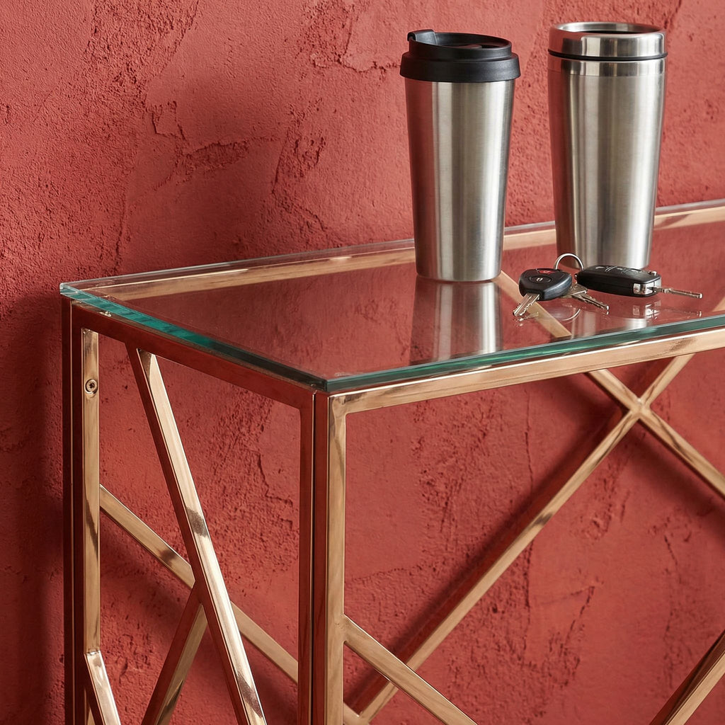 Tavy Rose Gold Contemporary Glass Console Table, 48x16x31