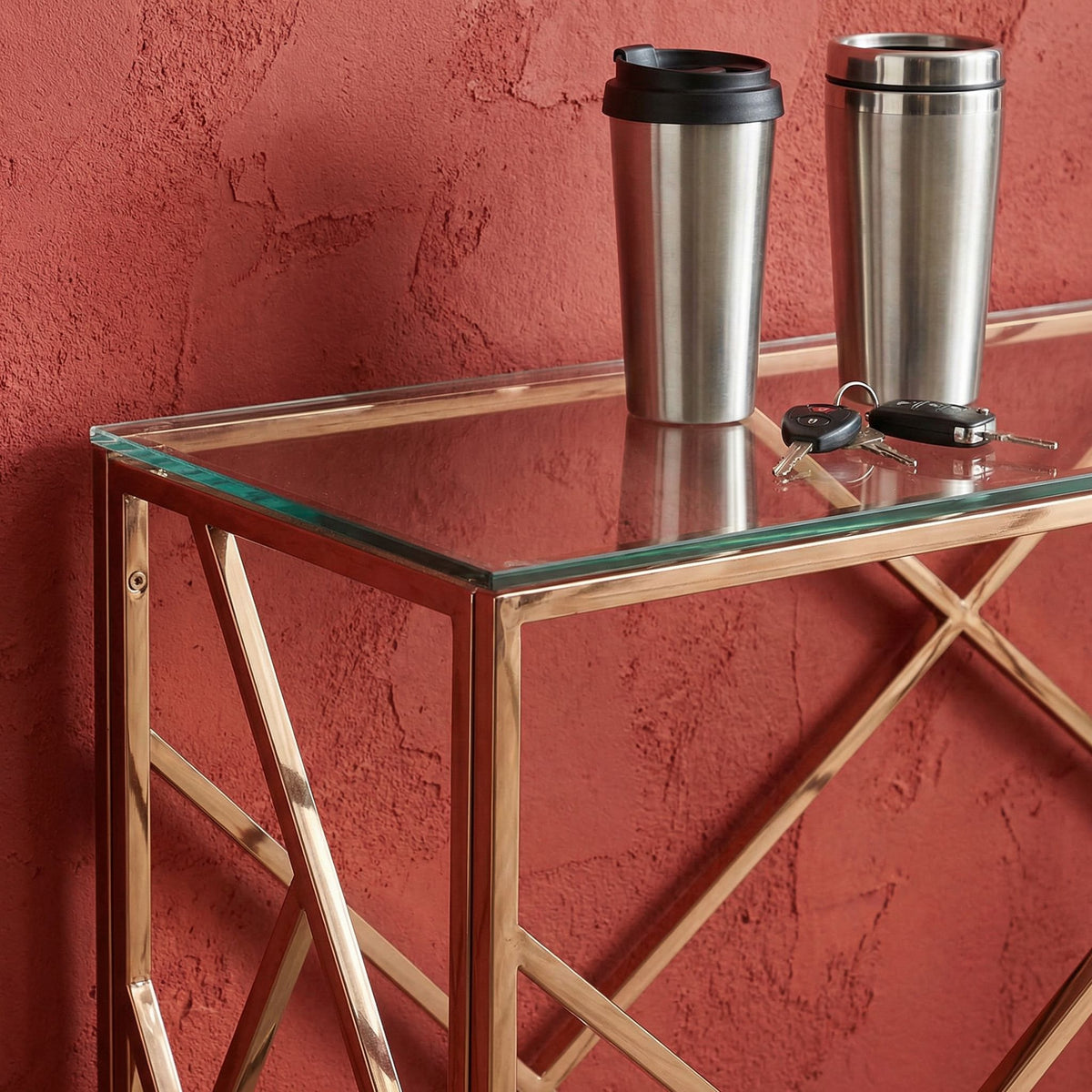 Tavy Rose Gold Contemporary Glass Console Table, 48x16x31