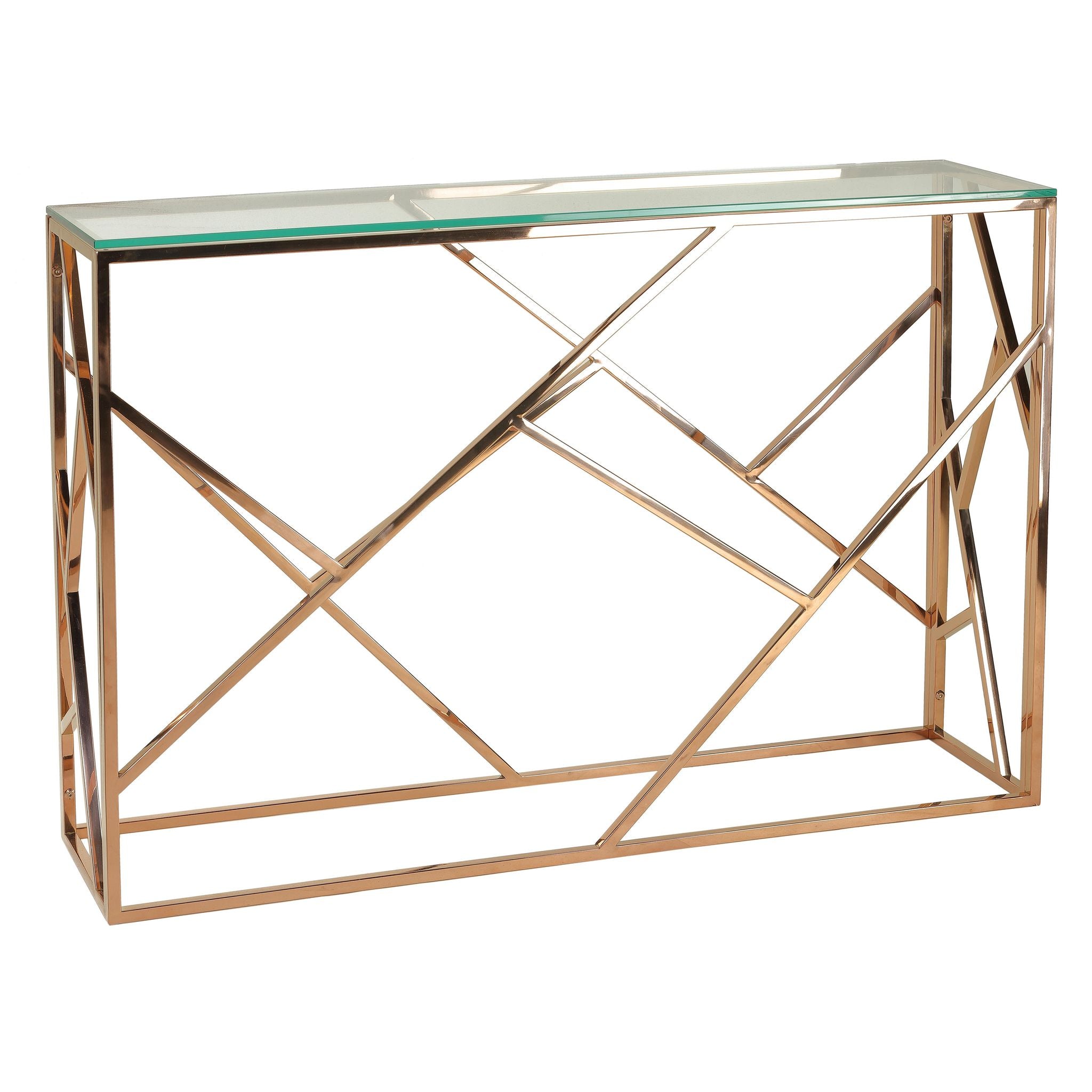 Tavy Rose Gold Contemporary Glass Console Table, 48x16x31