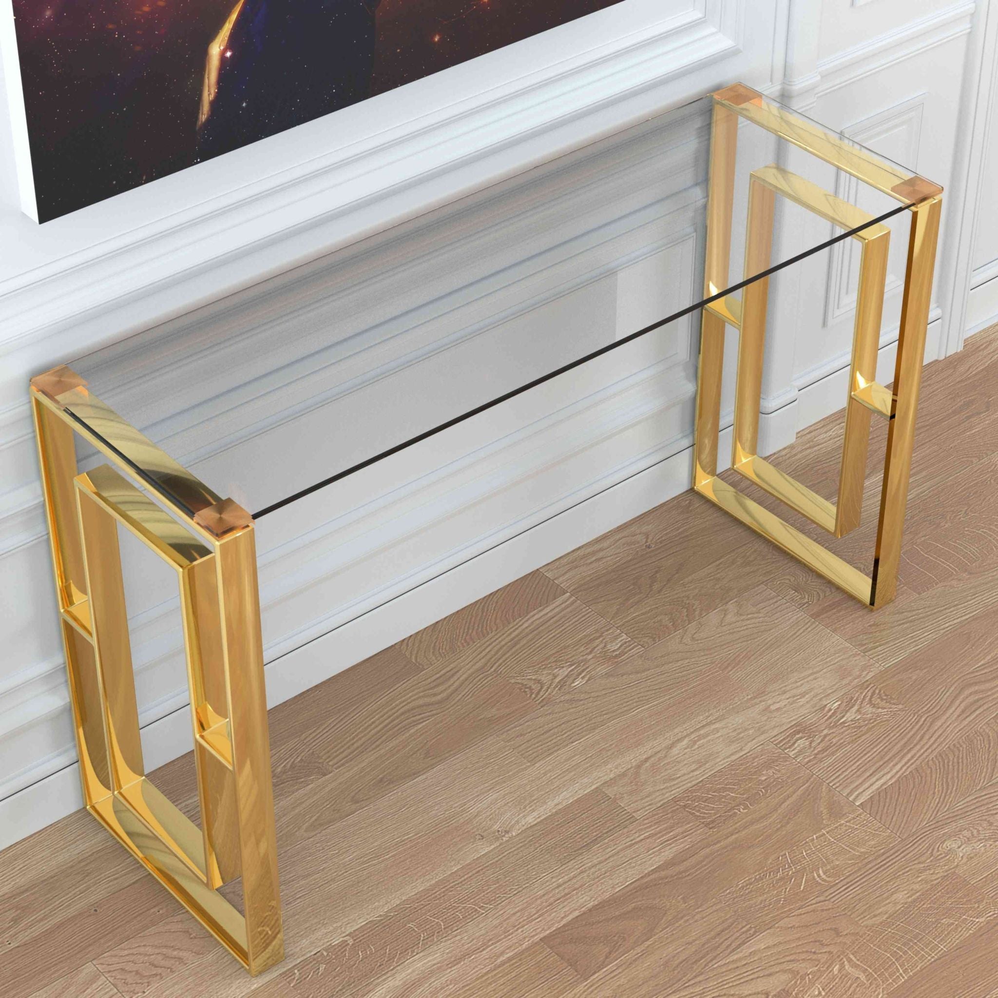 Laila Console Table in Gold Stainless Steel and Clear Glass, 47"