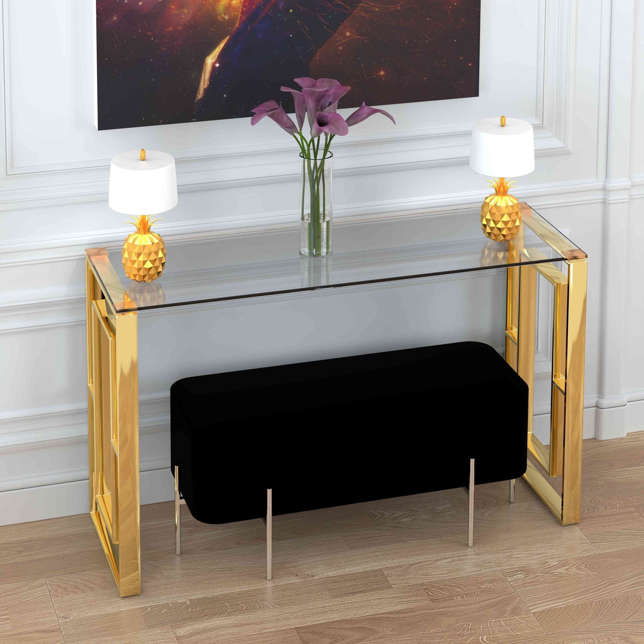 Laila Console Table in Gold Stainless Steel and Clear Glass, 47"