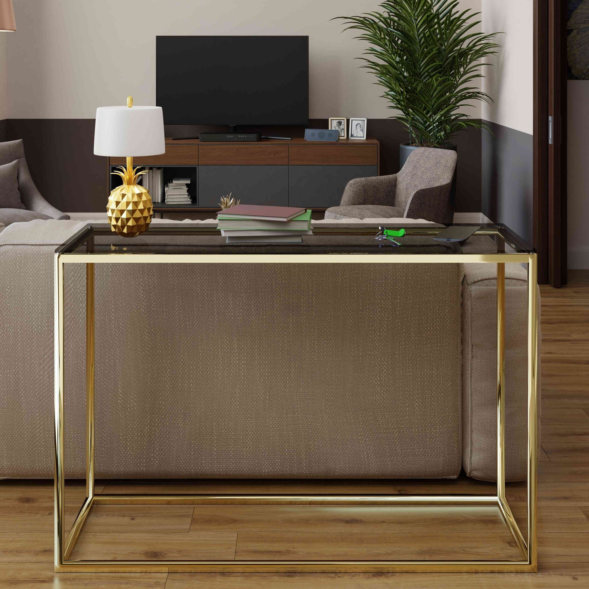 Jul Console Table in Gold Stainless Steel and Smoked Glass, 47"