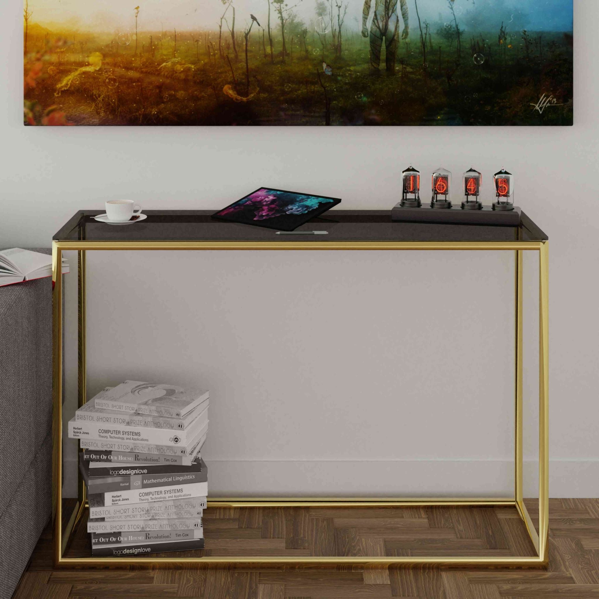 Jul Console Table in Gold Stainless Steel and Smoked Glass, 47"