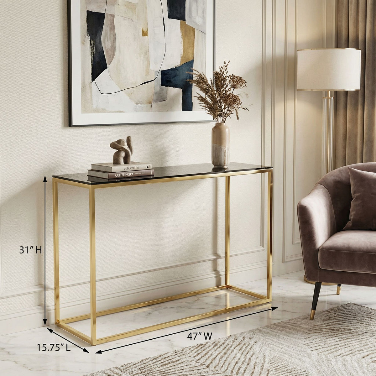 Jul Console Table in Gold Stainless Steel and Smoked Glass, 47"
