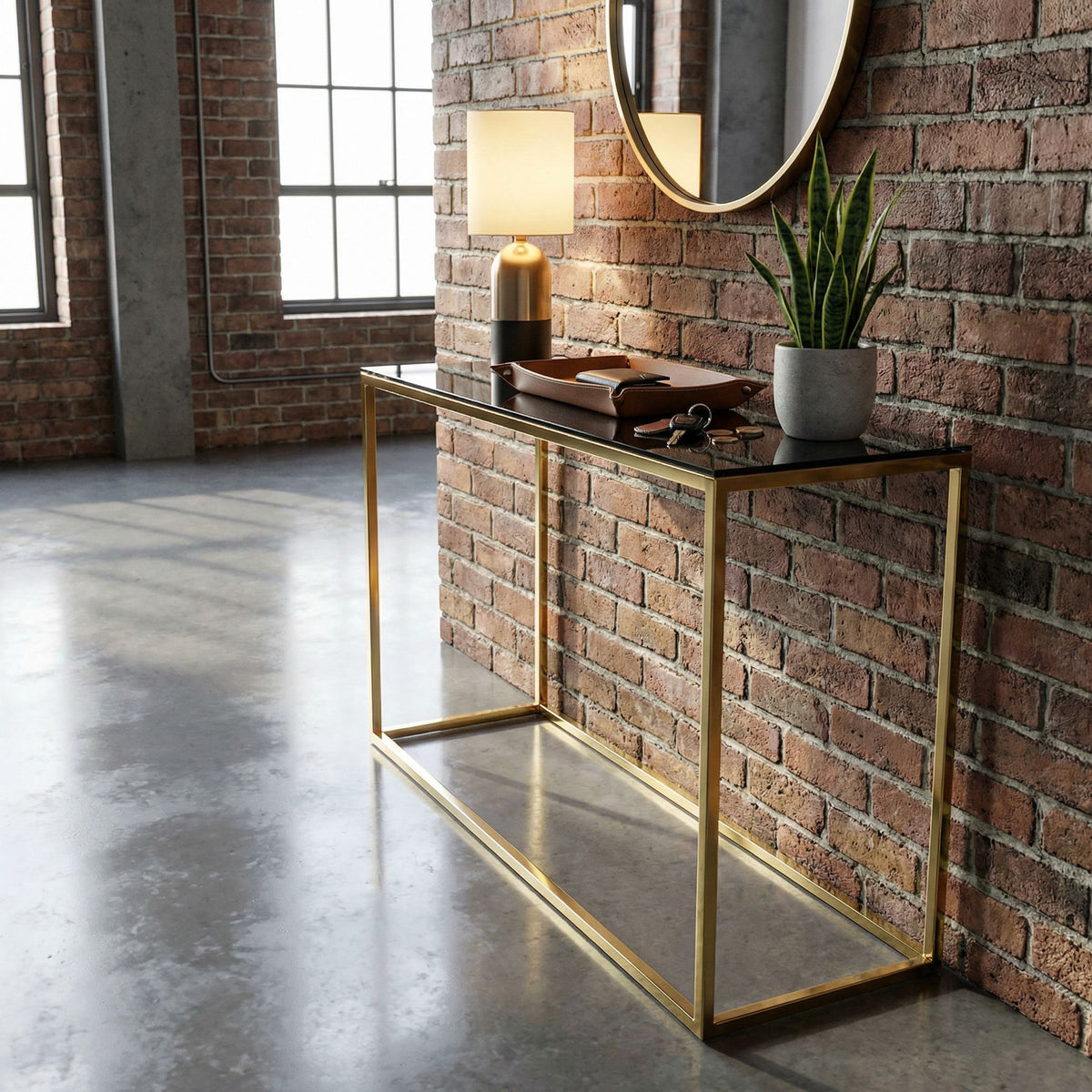 Jul Console Table in Gold Stainless Steel and Smoked Glass, 47"
