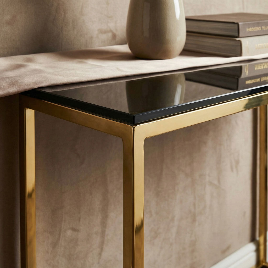 Jul Console Table in Gold Stainless Steel and Smoked Glass, 47"