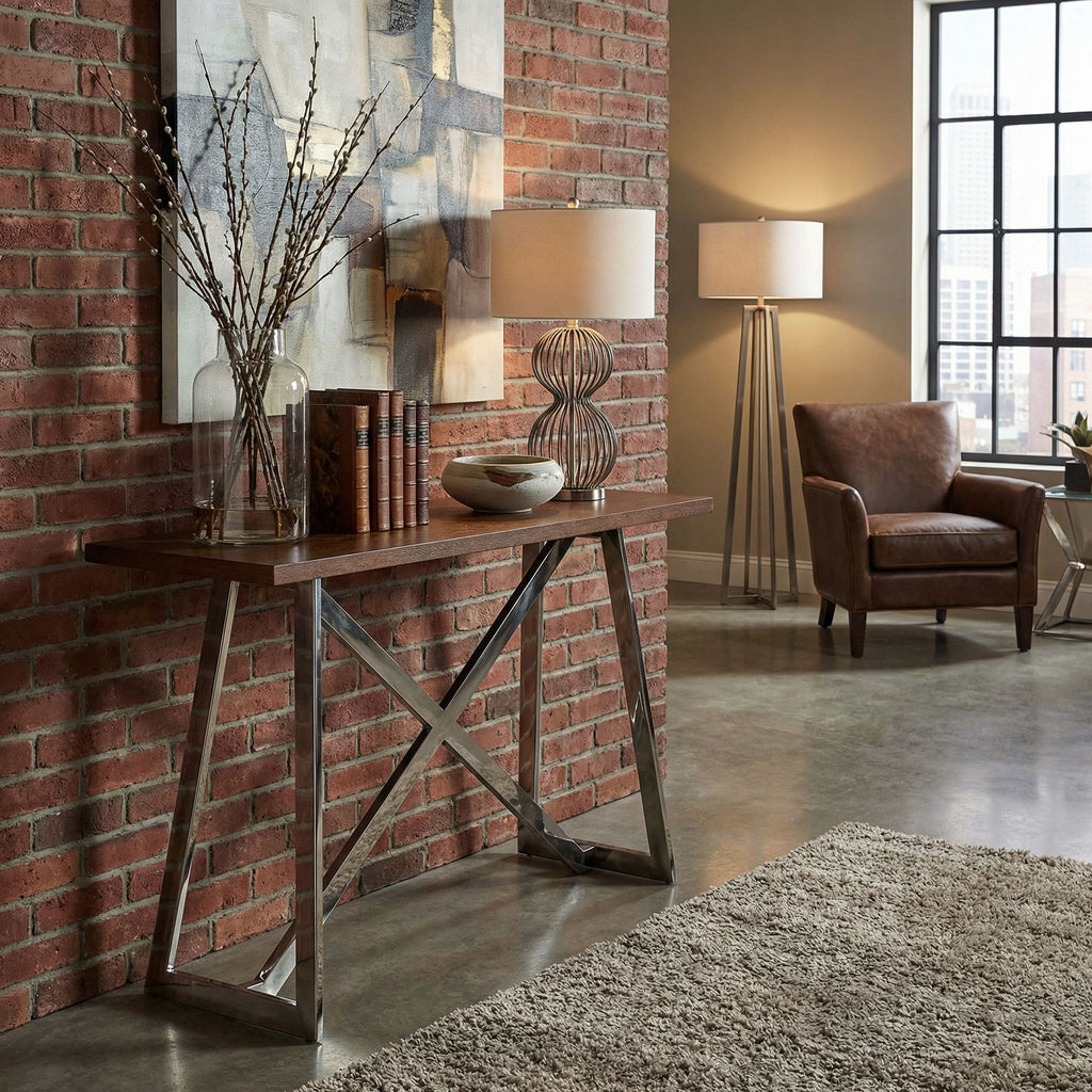 Amadeus Console Table, Wood Top and Stainless Steel Base, 47"