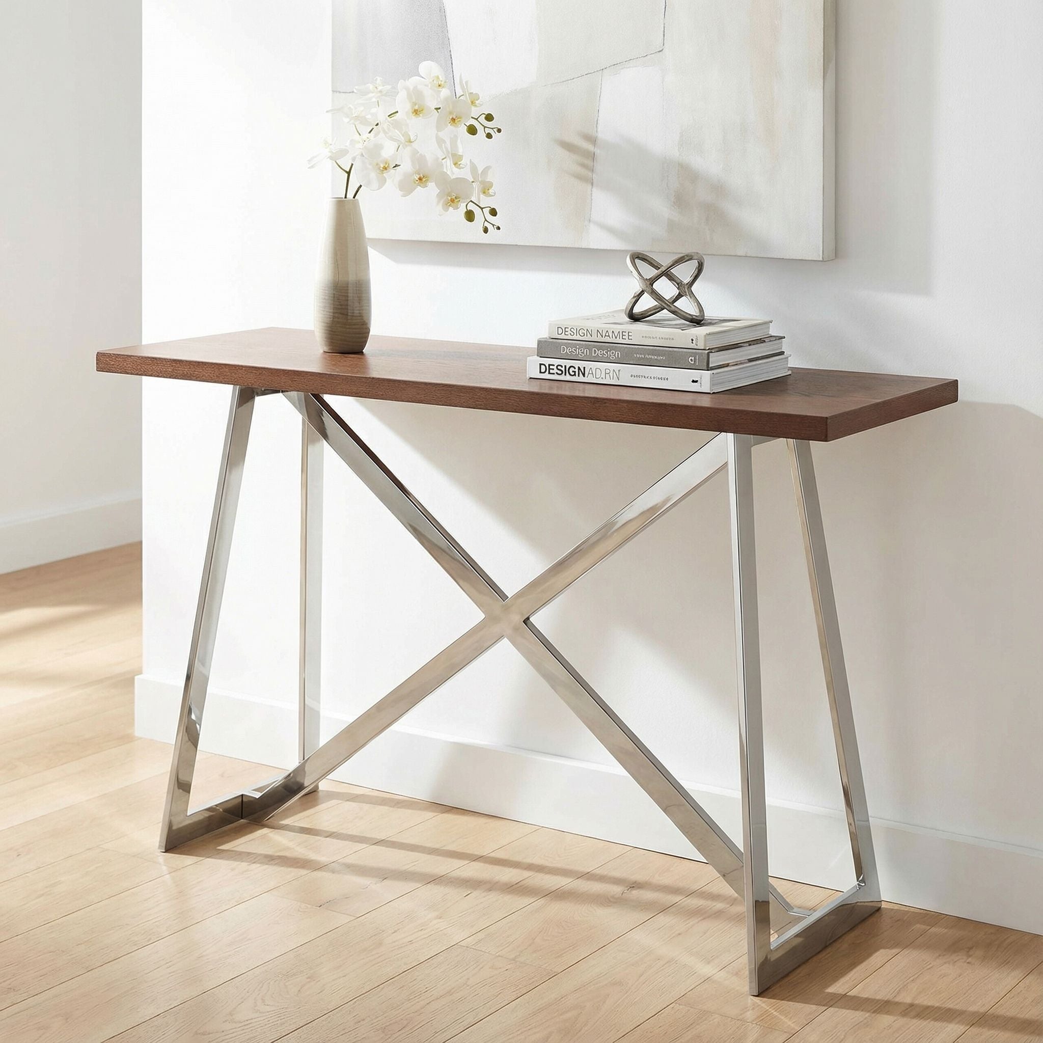 Amadeus Console Table, Wood Top and Stainless Steel Base, 47"