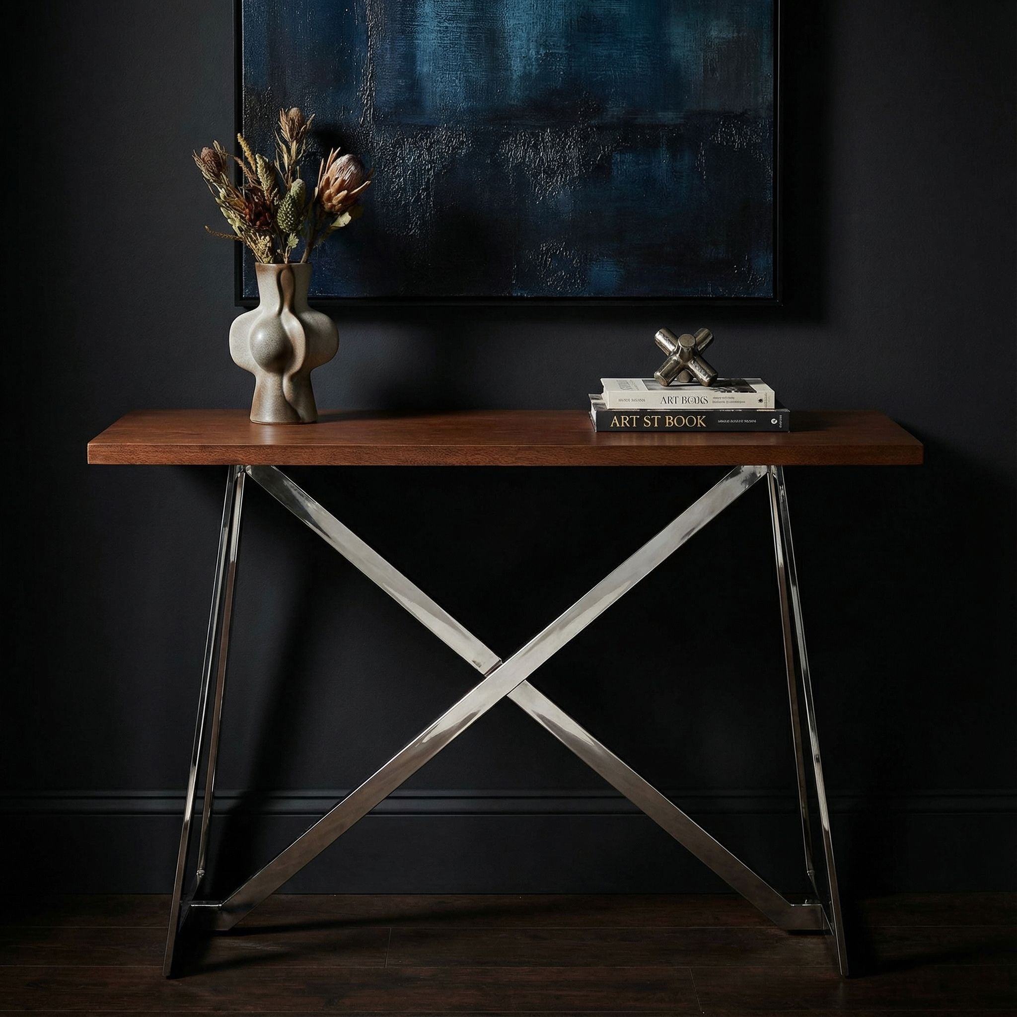 Amadeus Console Table, Wood Top and Stainless Steel Base, 47"