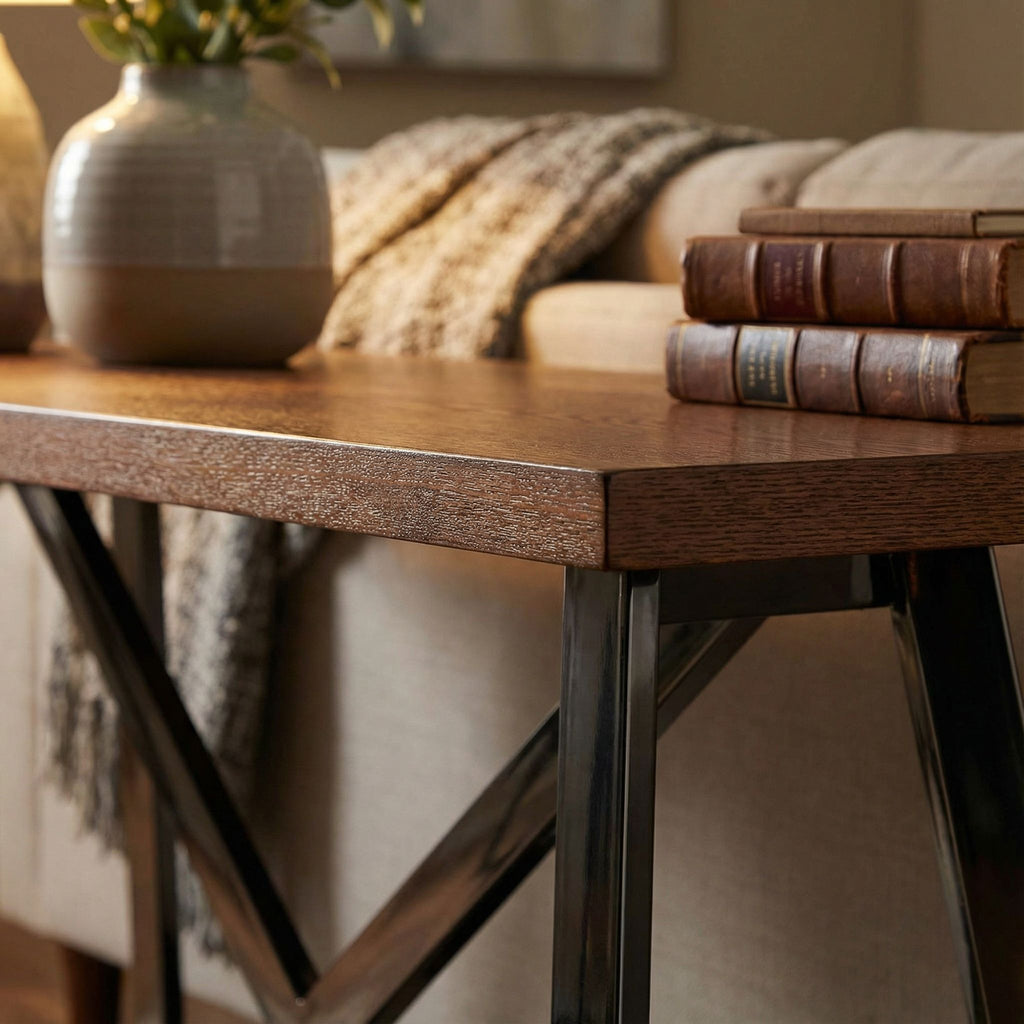 Amadeus Console Table, Wood Top and Stainless Steel Base, 47"