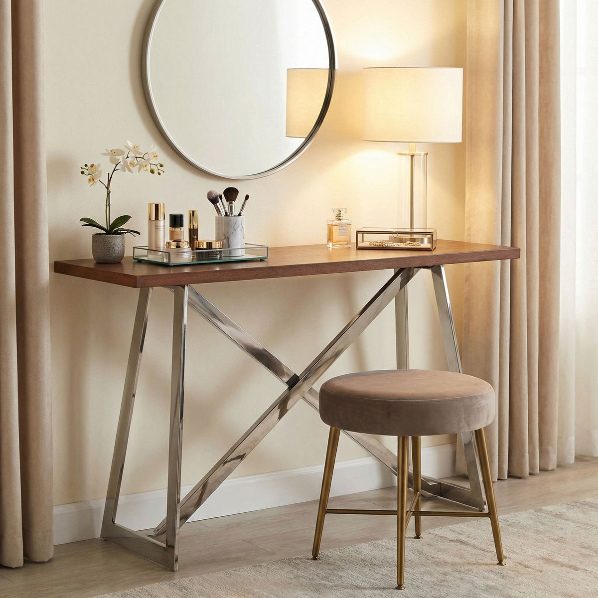 Amadeus Console Table, Wood Top and Stainless Steel Base, 47"