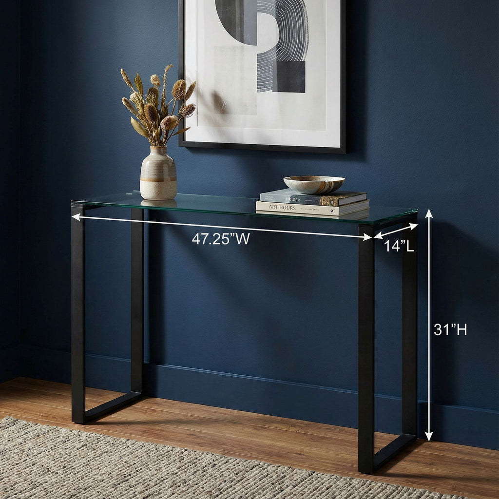 Gega Contemporary Glass Console Table in Matte Black, Clear Glass
