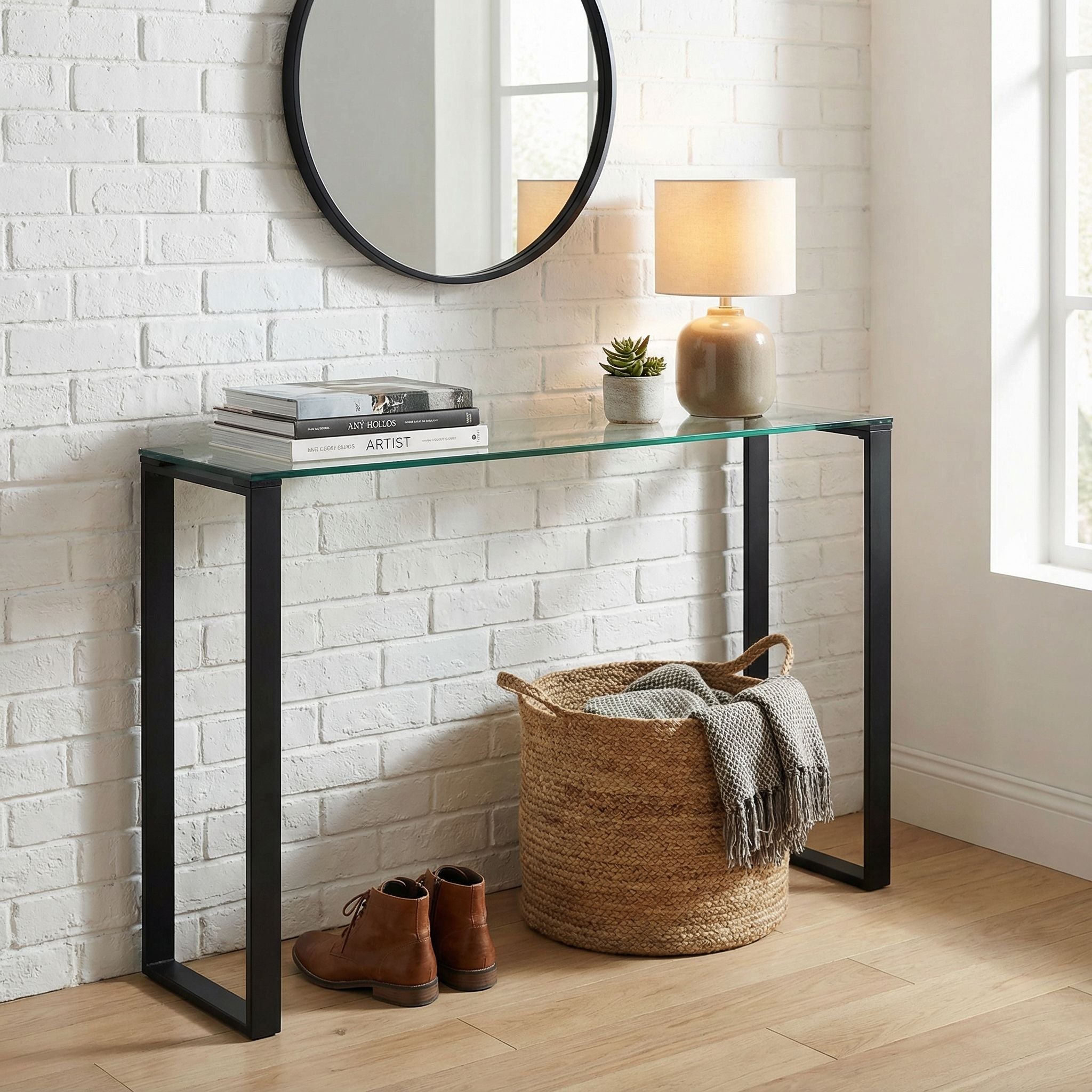 Gega Contemporary Glass Console Table in Matte Black, Clear Glass