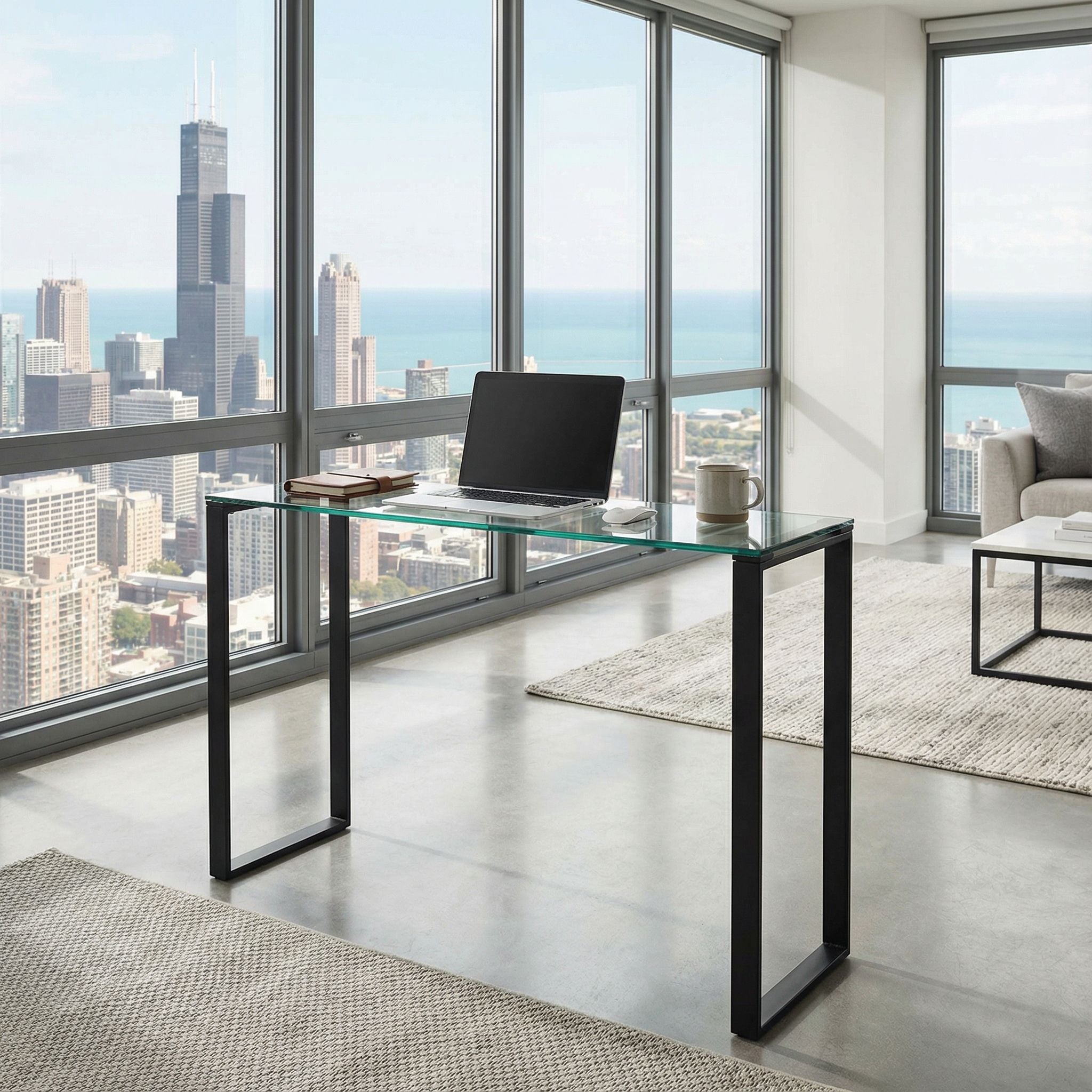 Gega Contemporary Glass Console Table in Matte Black, Clear Glass