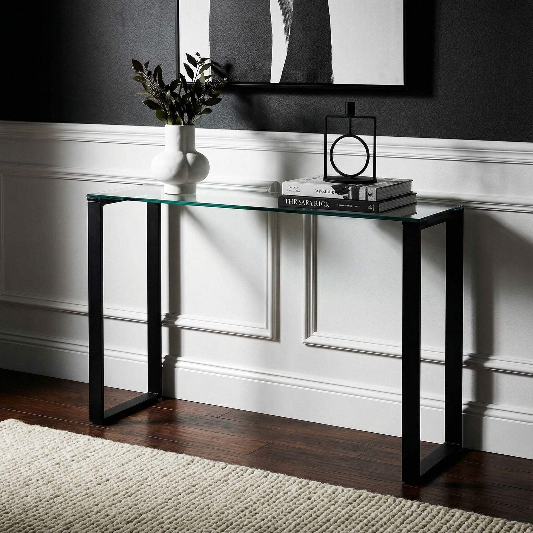 Gega Contemporary Glass Console Table in Matte Black, Clear Glass