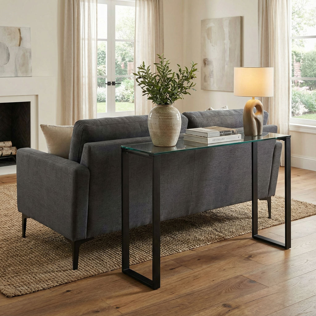 Gega Contemporary Glass Console Table in Matte Black, Clear Glass