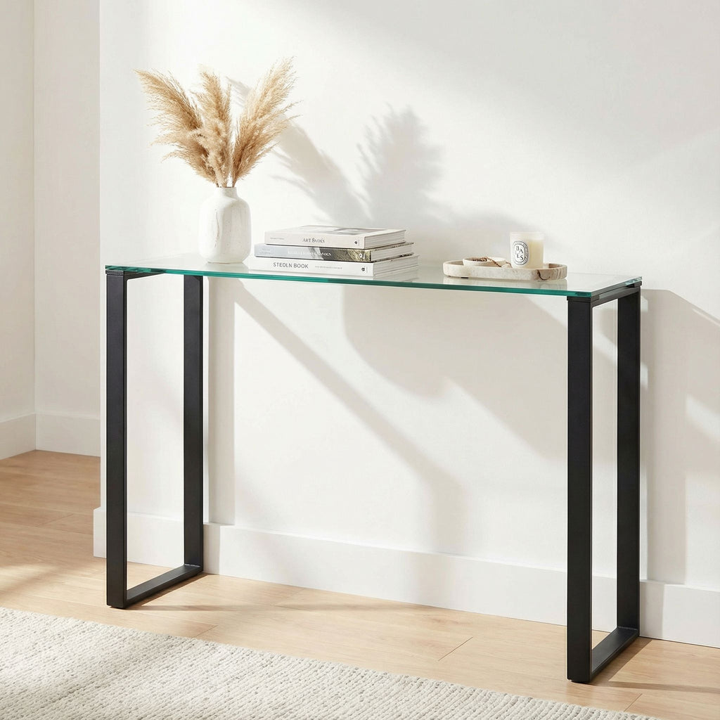 Gega Contemporary Glass Console Table in Matte Black, Clear Glass