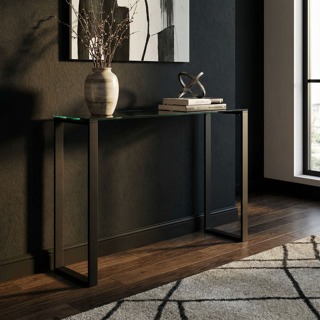 Gega Contemporary Glass Console Table in Matte Black, Clear Glass