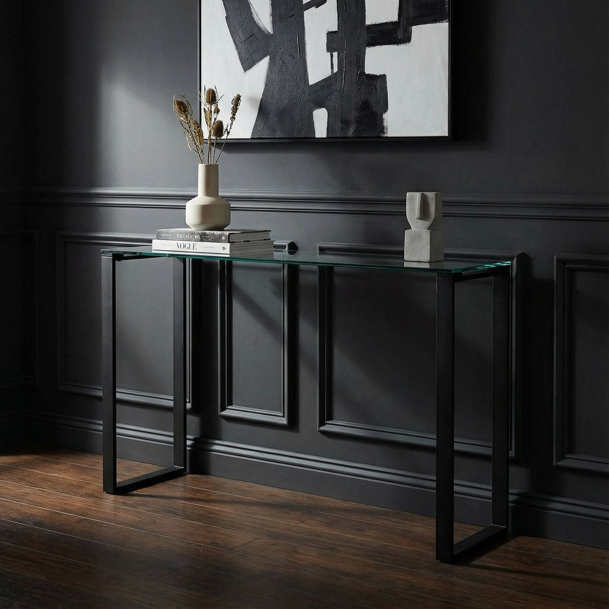 Gega Contemporary Glass Console Table in Matte Black, Clear Glass
