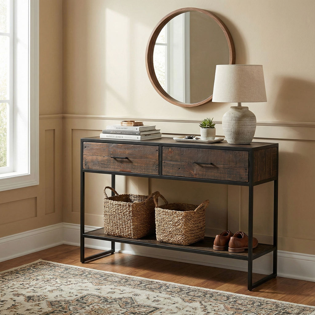 Cortesi Home Knoll Console Table with 2 Drawers, Solid Wood and Metal