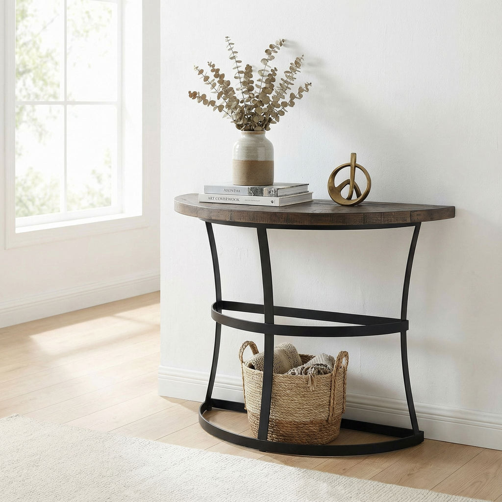Cortesi Home Newcastle Console Table, Solid Reclaimed Wood and Black Metal