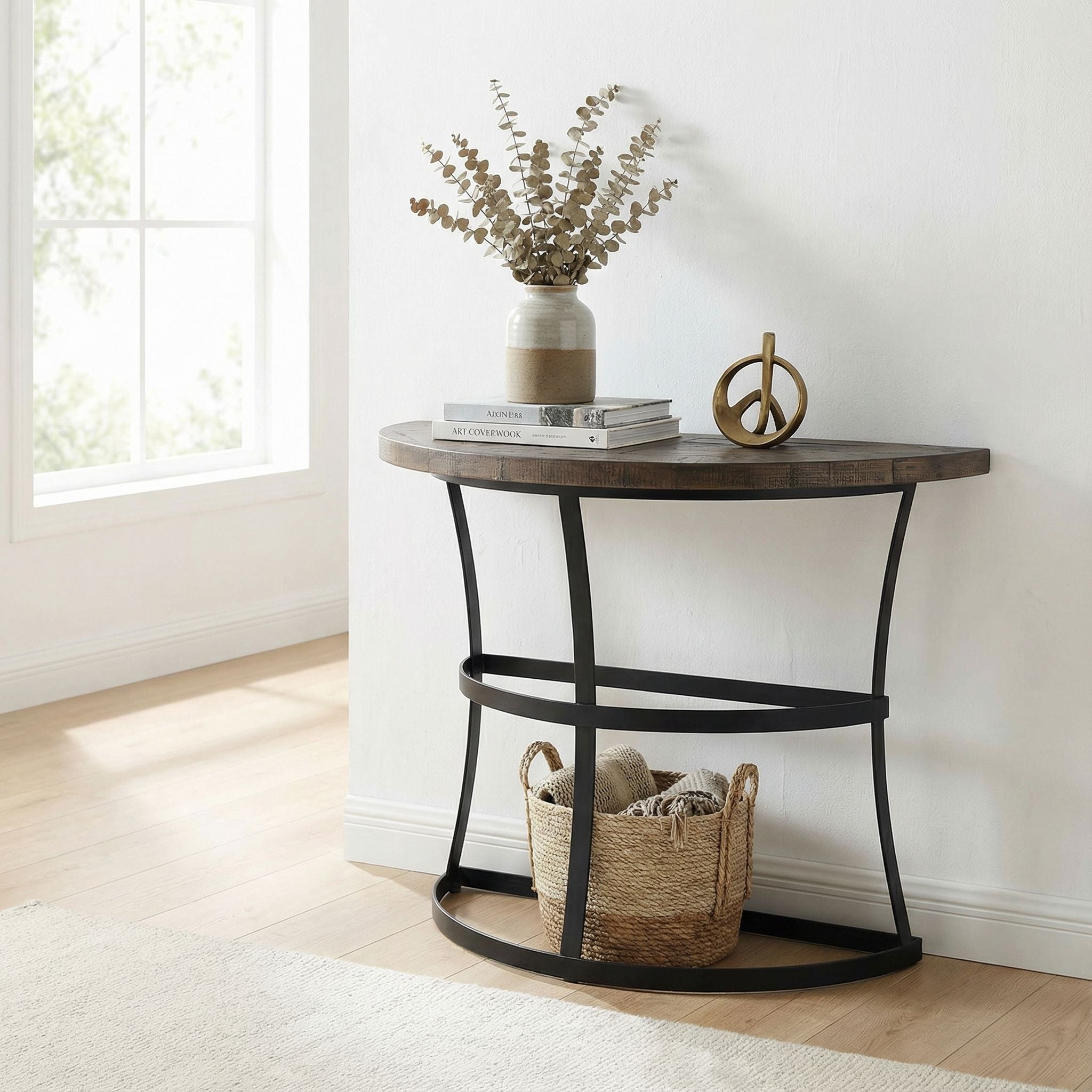 Cortesi Home Newcastle Console Table, Solid Reclaimed Wood and Black Metal