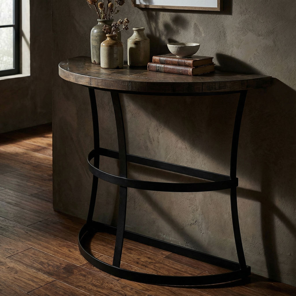 Cortesi Home Newcastle Console Table, Solid Reclaimed Wood and Black Metal