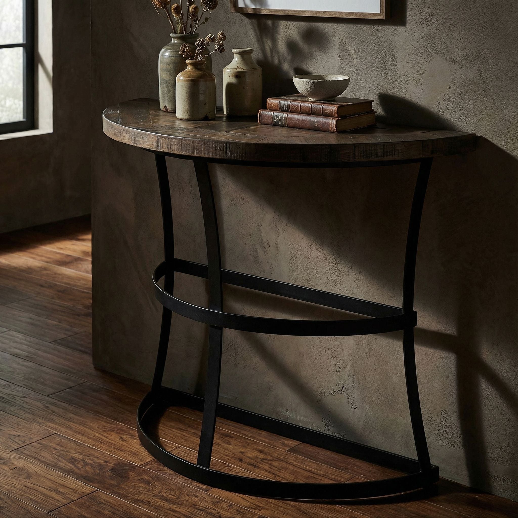 Cortesi Home Newcastle Console Table, Solid Reclaimed Wood and Black Metal
