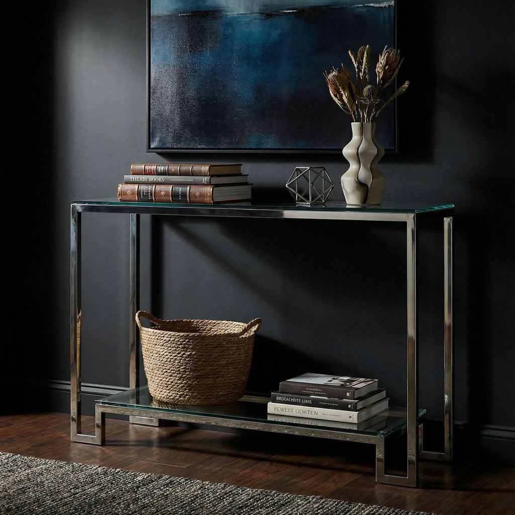Cortesi Home Reef Contemporary 2 Shelf Glass Console Table in Stainless Steel Finish, Clear Glass