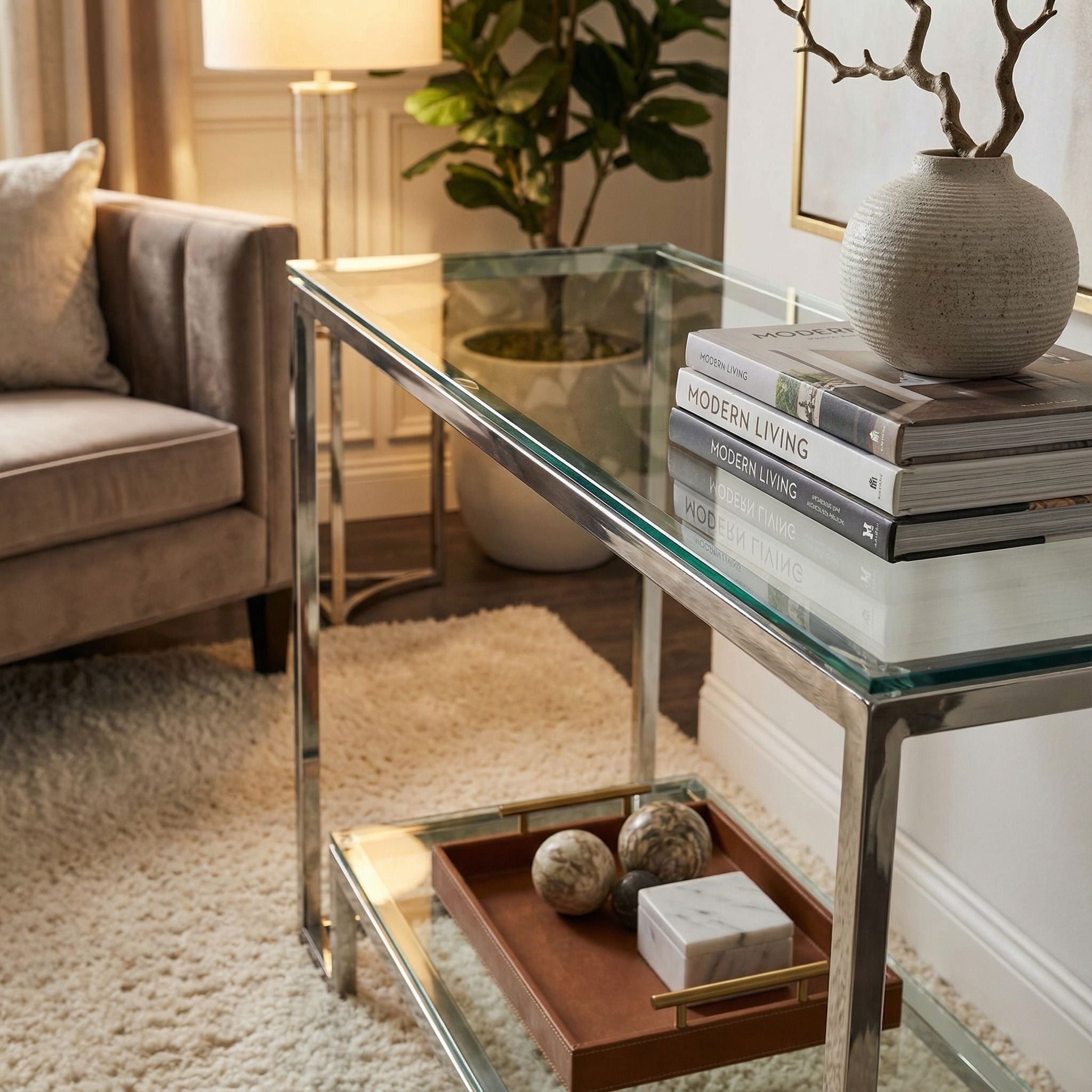Cortesi Home Reef Contemporary 2 Shelf Glass Console Table in Stainless Steel Finish, Clear Glass