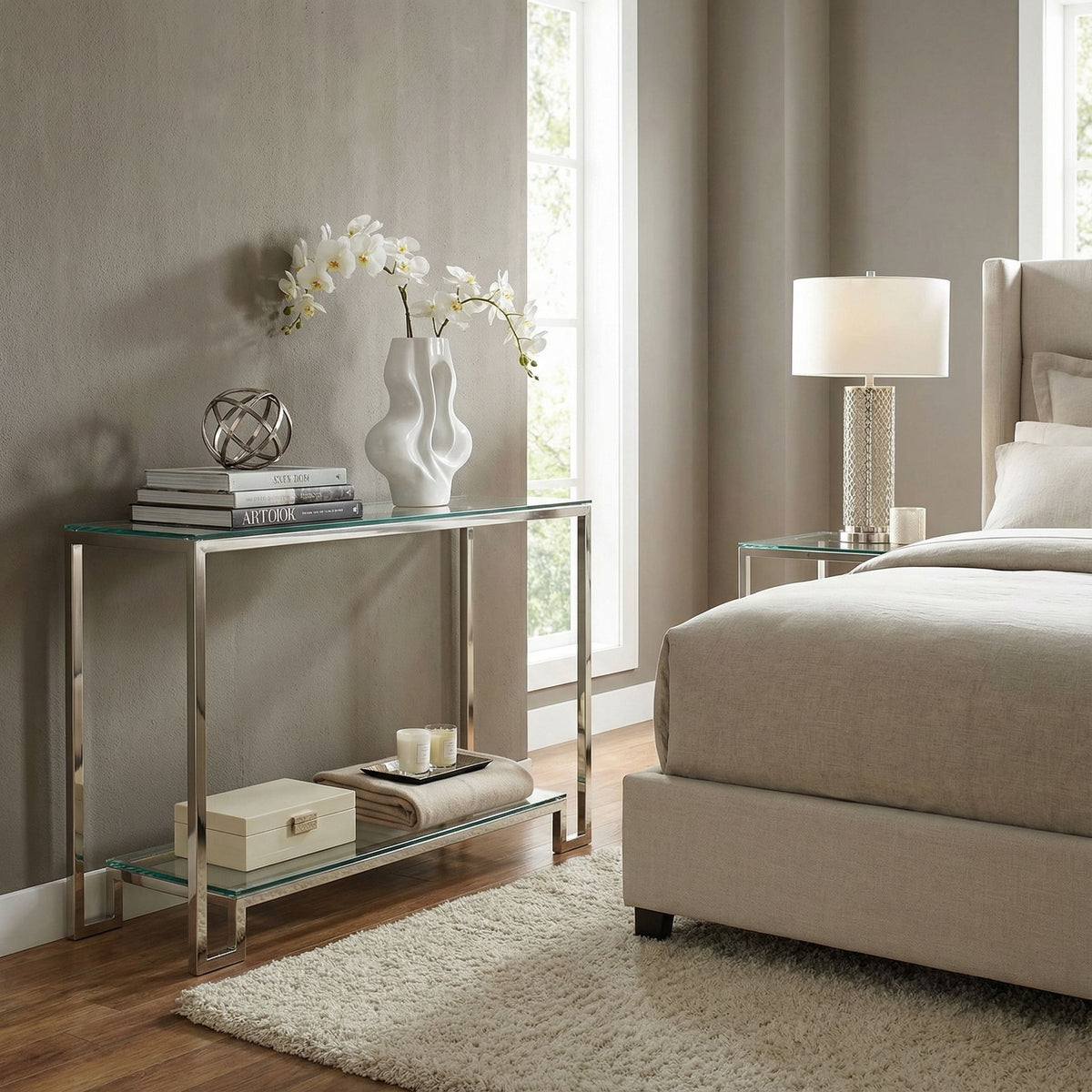 Cortesi Home Reef Contemporary 2 Shelf Glass Console Table in Stainless Steel Finish, Clear Glass