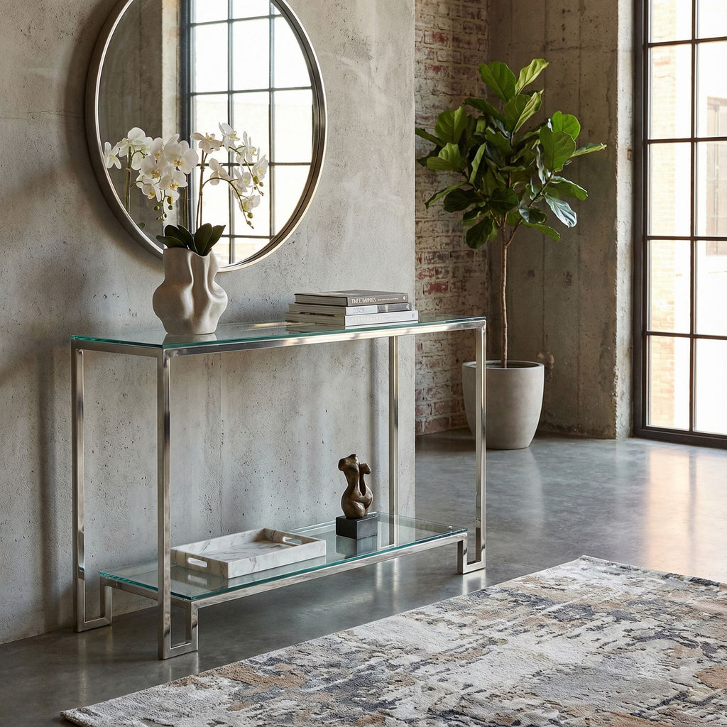 Cortesi Home Reef Contemporary 2 Shelf Glass Console Table in Stainless Steel Finish, Clear Glass