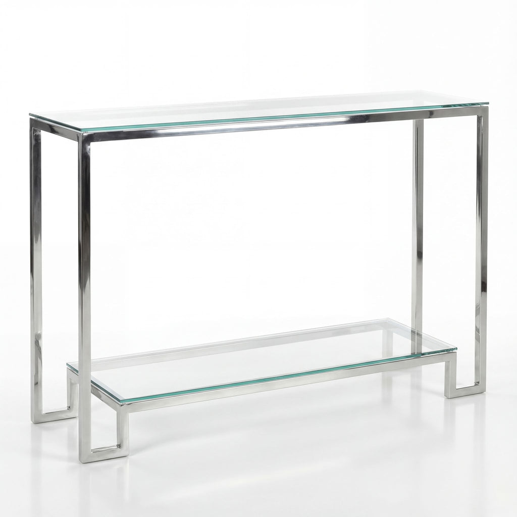 Cortesi Home Reef Contemporary 2 Shelf Glass Console Table in Stainless Steel Finish, Clear Glass