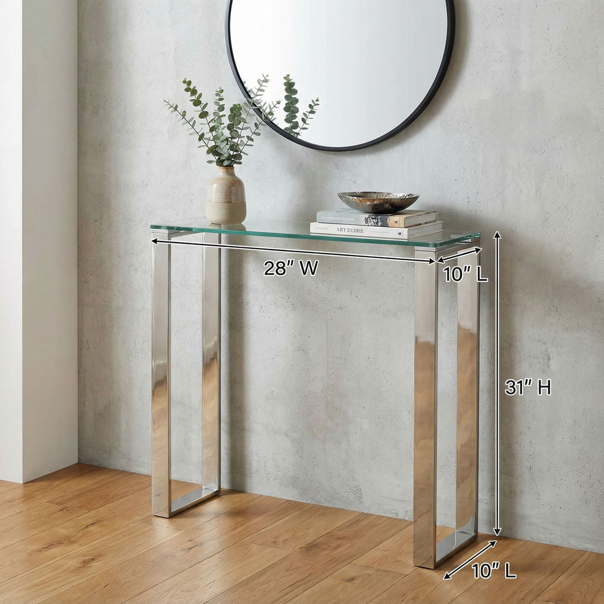 Forli Small Entry Way Console Table Contemporary Glass and Stainless Steel Finish, 28" Wide