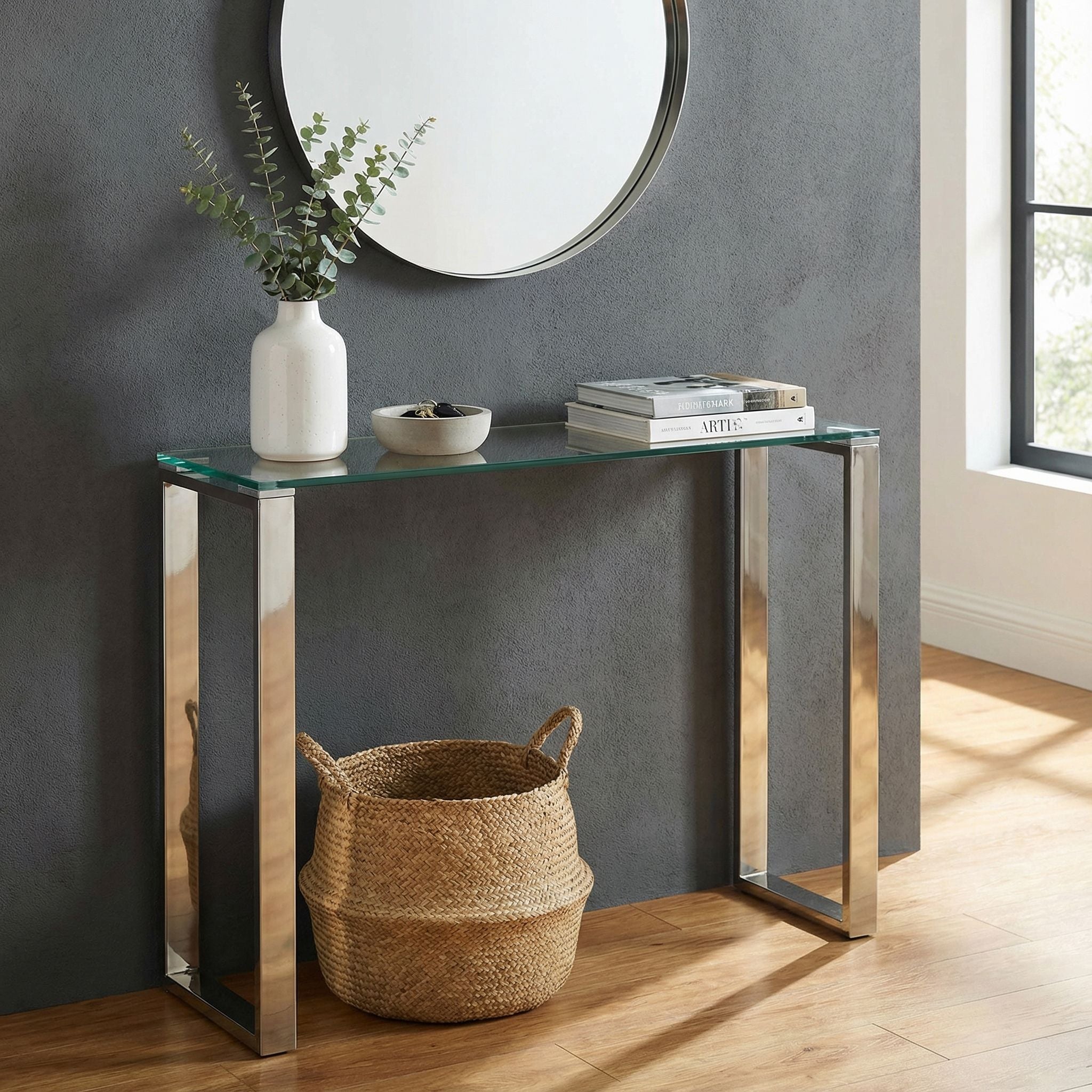 Forli Small Entry Way Console Table Contemporary Glass and Stainless Steel Finish, 28" Wide