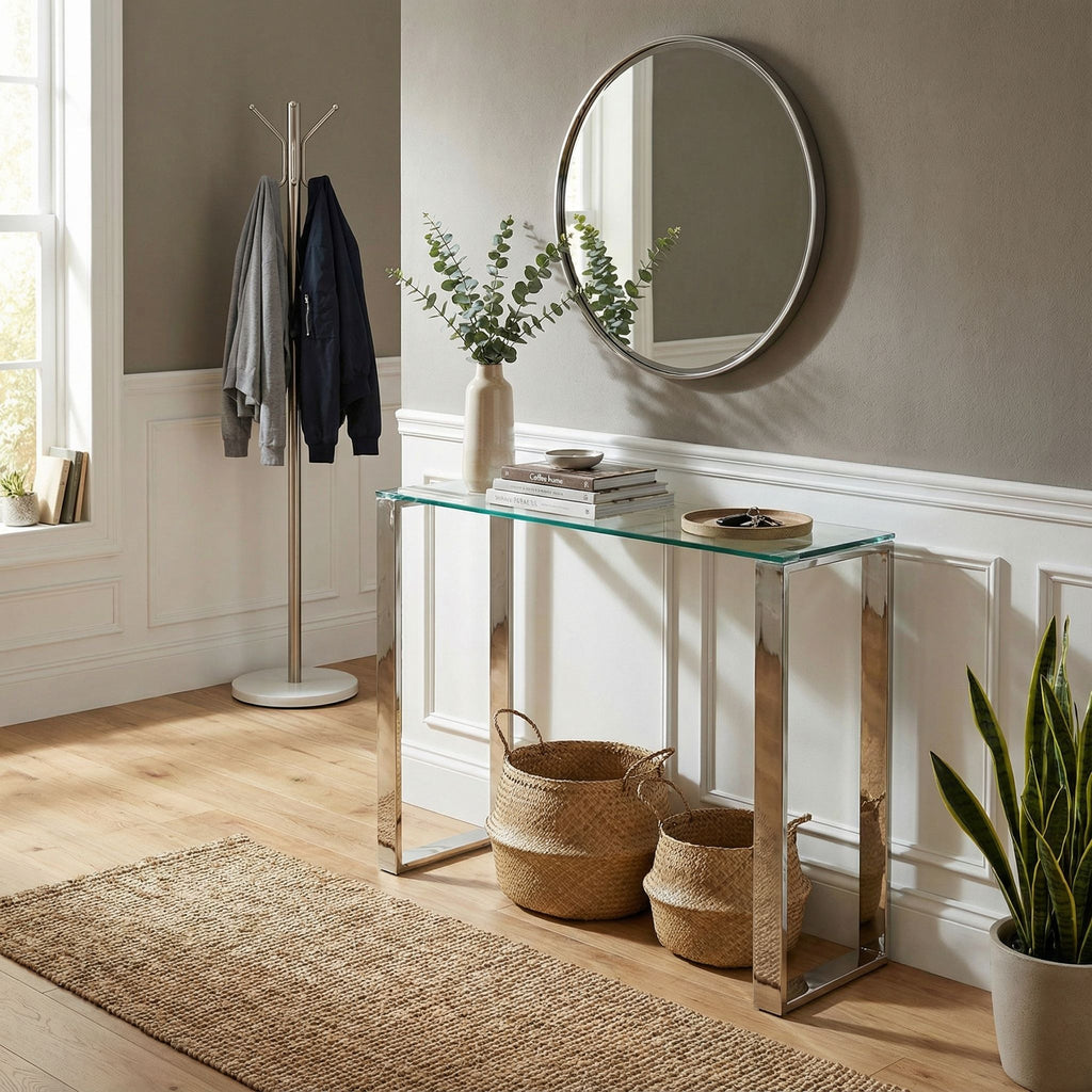 Forli Small Entry Way Console Table Contemporary Glass and Stainless Steel Finish, 28" Wide