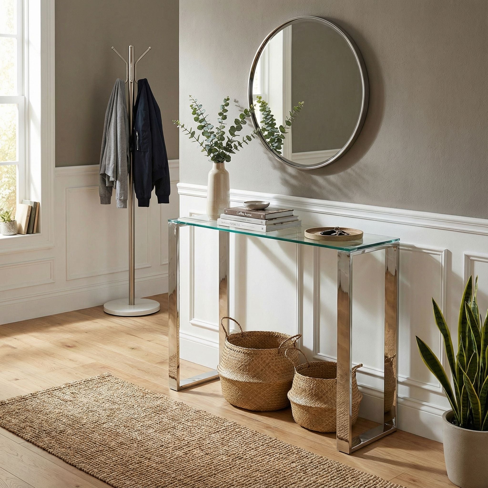 Forli Small Entry Way Console Table Contemporary Glass and Stainless Steel Finish, 28" Wide