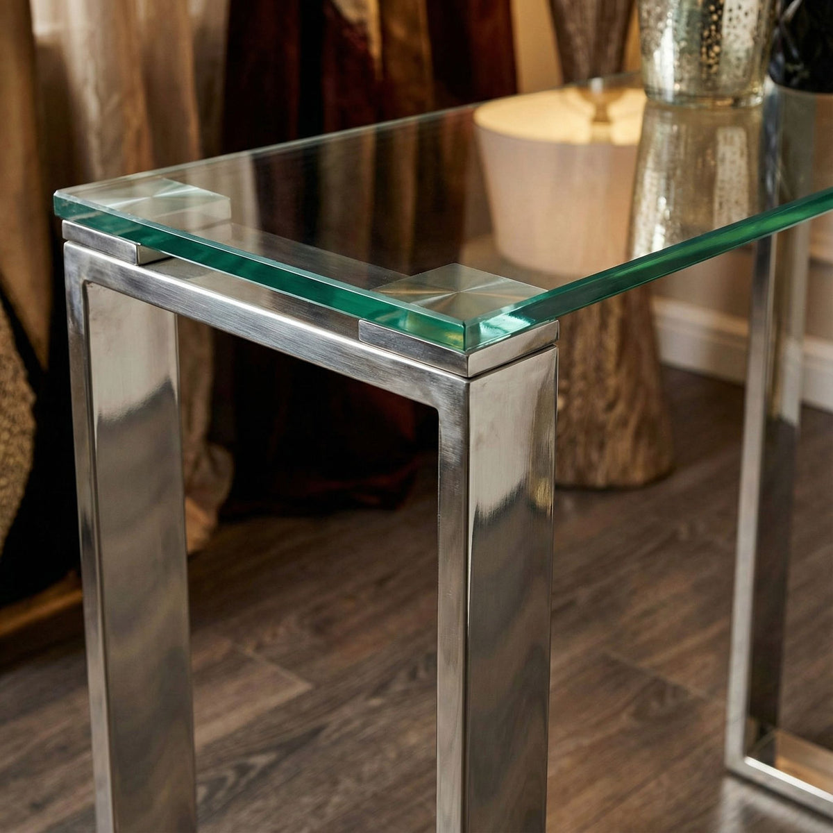 Forli Small Entry Way Console Table Contemporary Glass and Stainless Steel Finish, 28" Wide