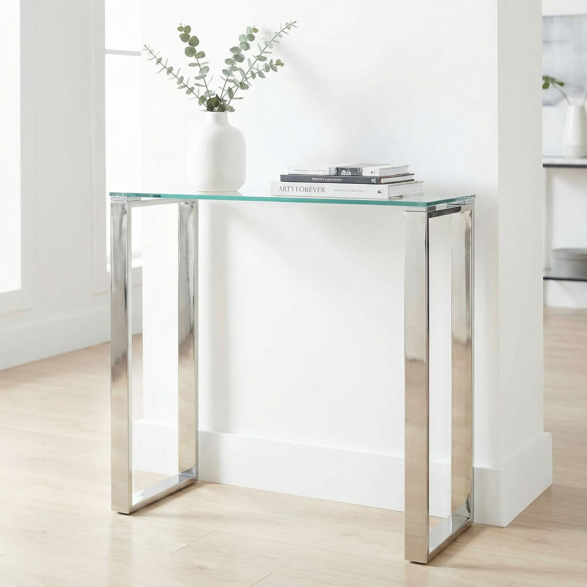 Forli Small Entry Way Console Table Contemporary Glass and Stainless Steel Finish, 28" Wide
