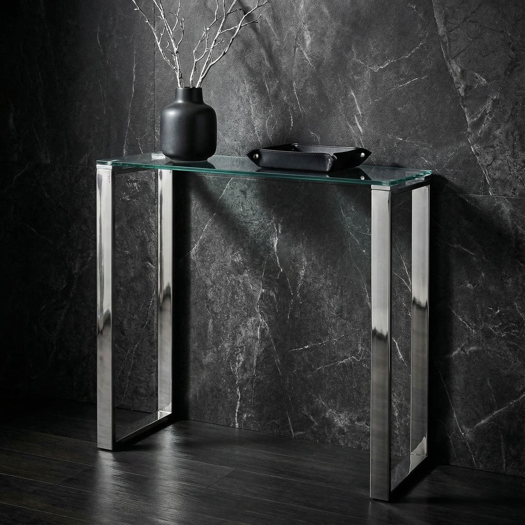 Forli Small Entry Way Console Table Contemporary Glass and Stainless Steel Finish, 28" Wide