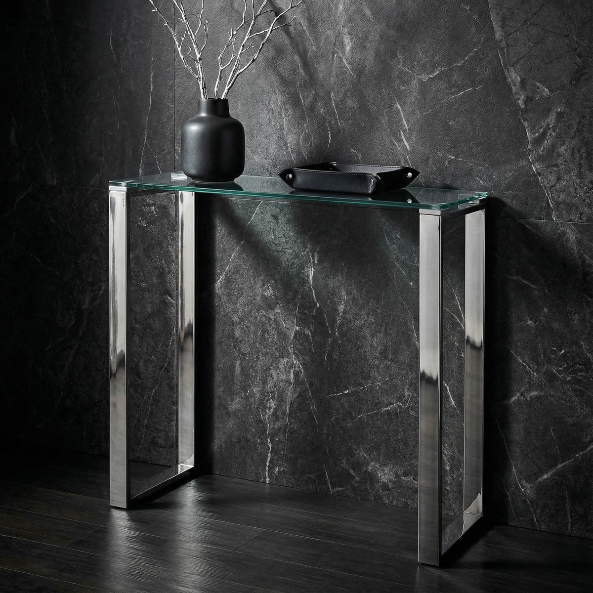 Forli Small Entry Way Console Table Contemporary Glass and Stainless Steel Finish, 28" Wide